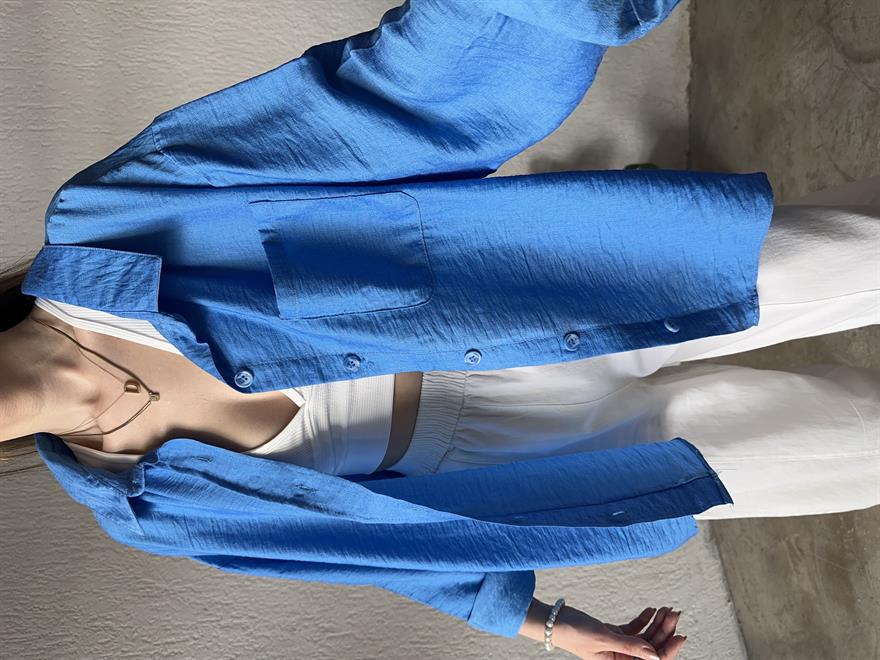 İthal Keten Oversize Gömlek - Mavi