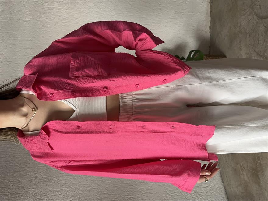 İthal Keten Oversize Gömlek - Pembe