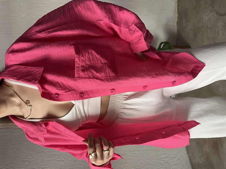 İthal Keten Oversize Gömlek - Pembe