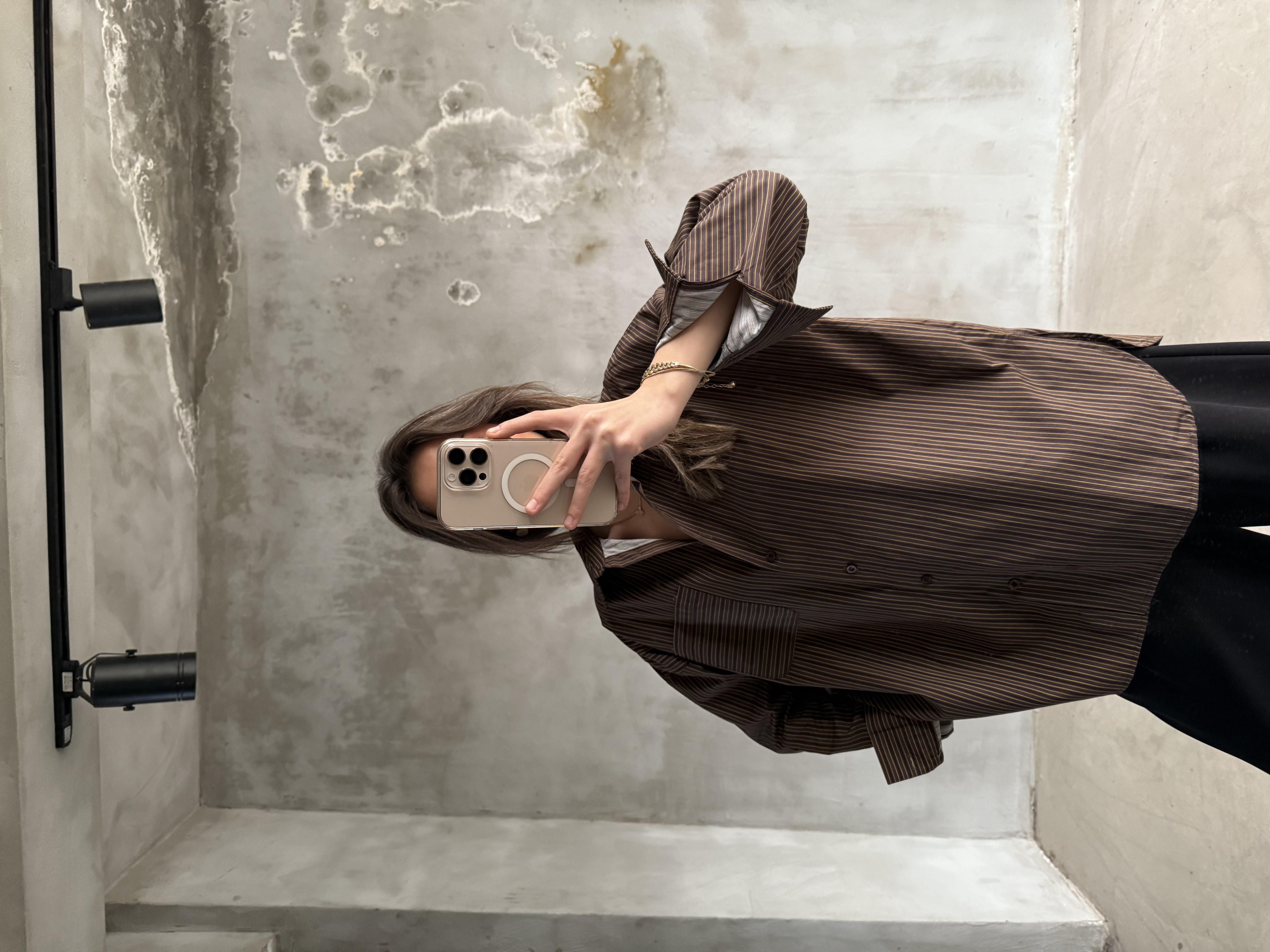 Kahve Sarı Çizgili Oversize Gömlek