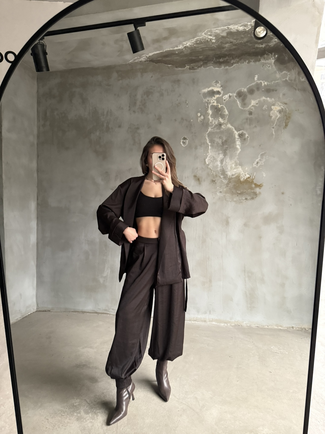 Kahve Saten Kimono Şalvar Pantolon İkili Takım