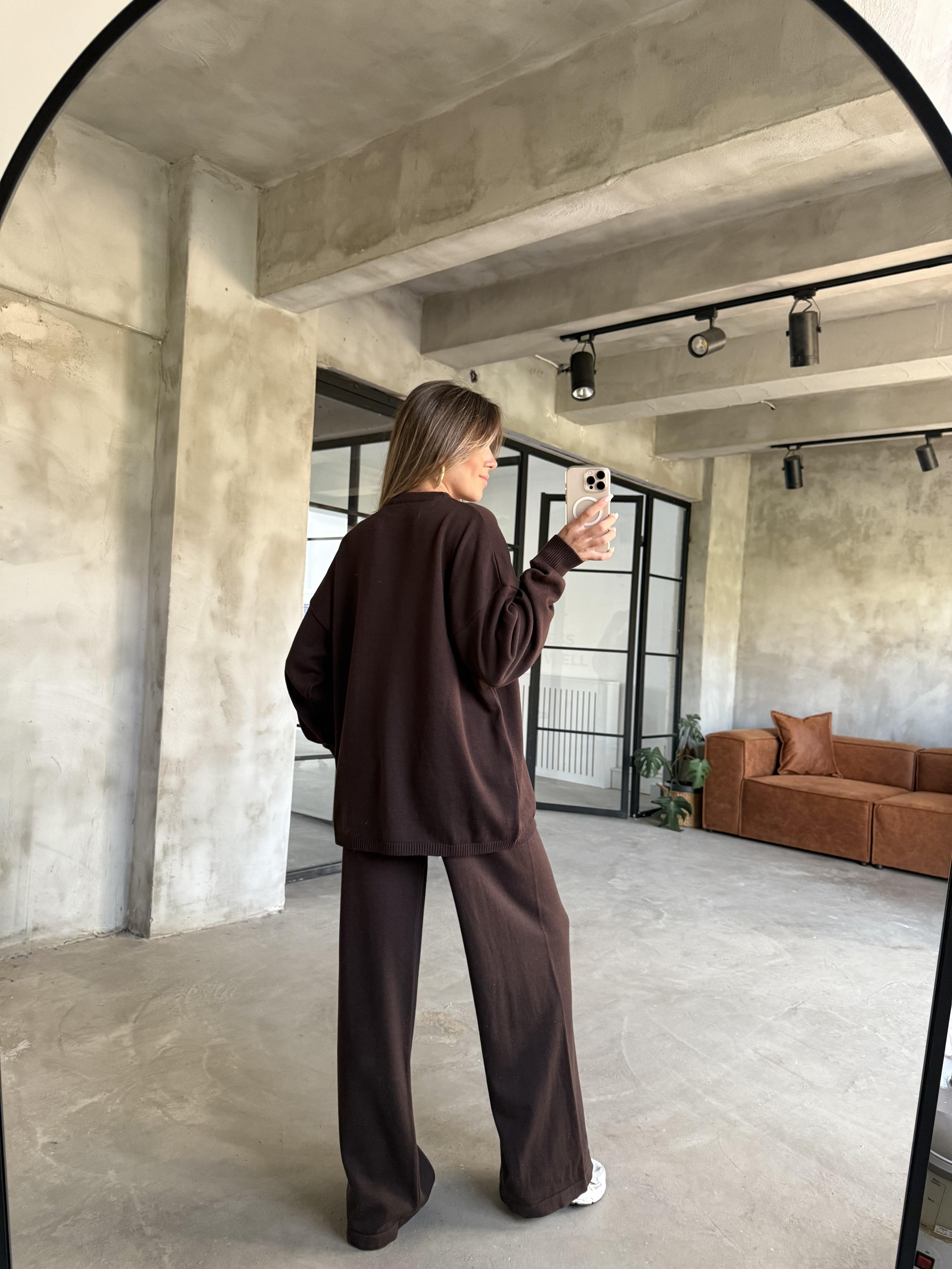 Kahverengi Basic Oversize Triko Takım