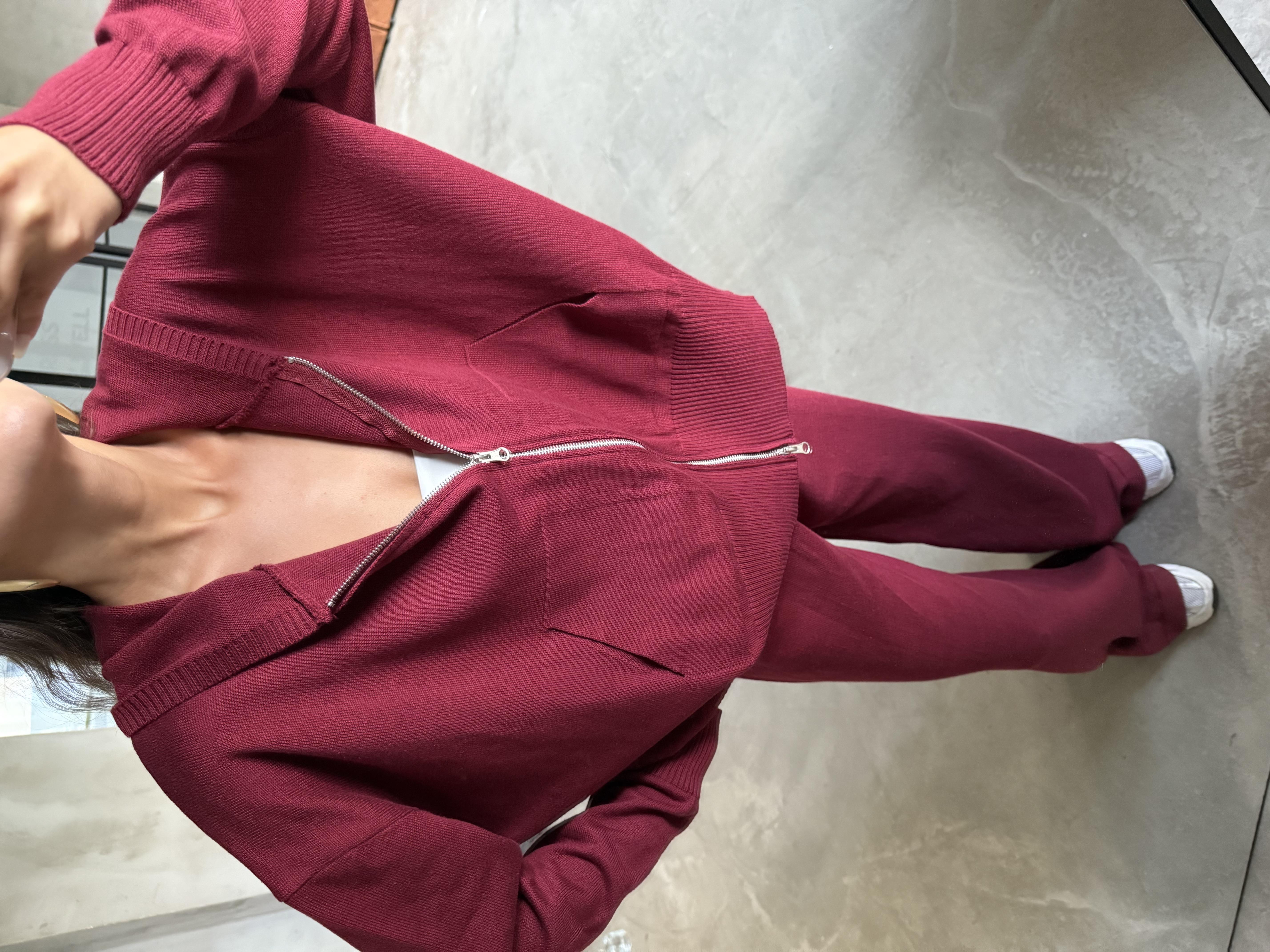 Kapüşonlu Oversize Hırkalı Triko Takım - Mürdüm