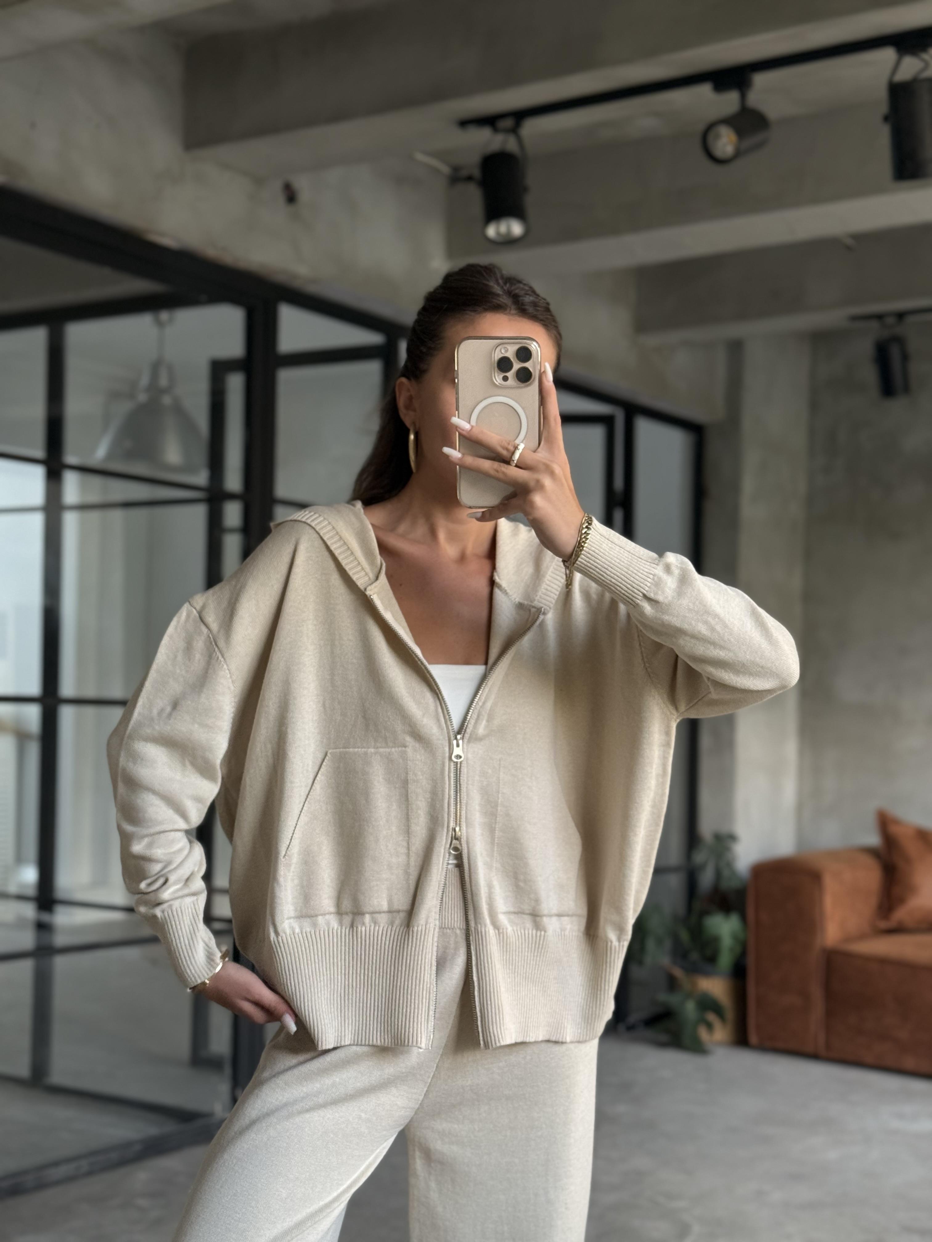 Kapüşonlu Oversize Hırkalı Triko Takım - Bej