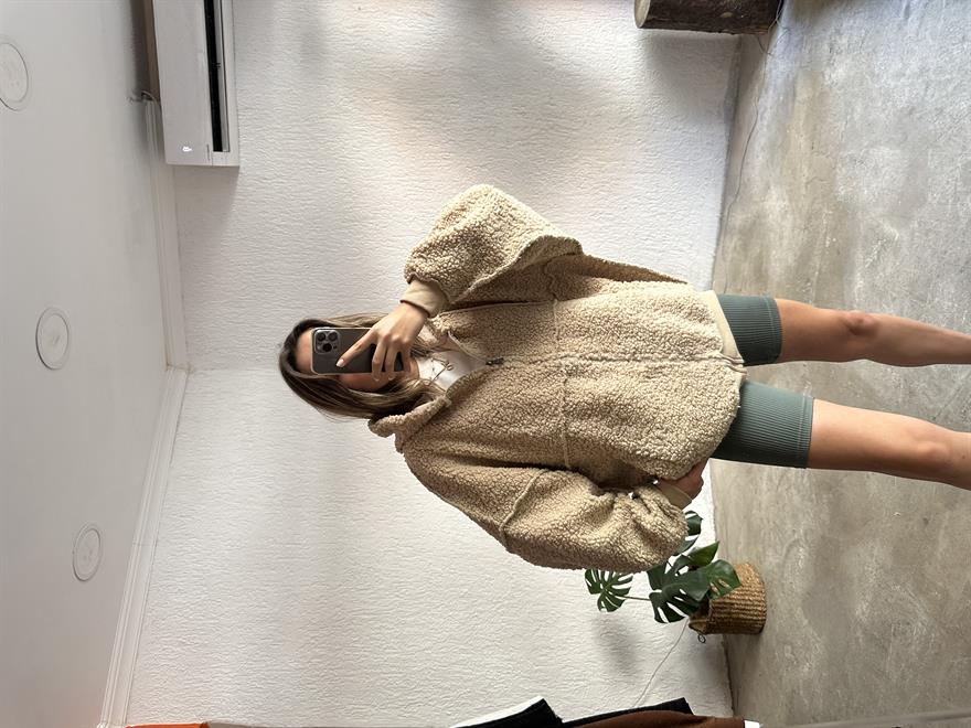 Kapüşonlu Oversize Peluş Ceket - Bej