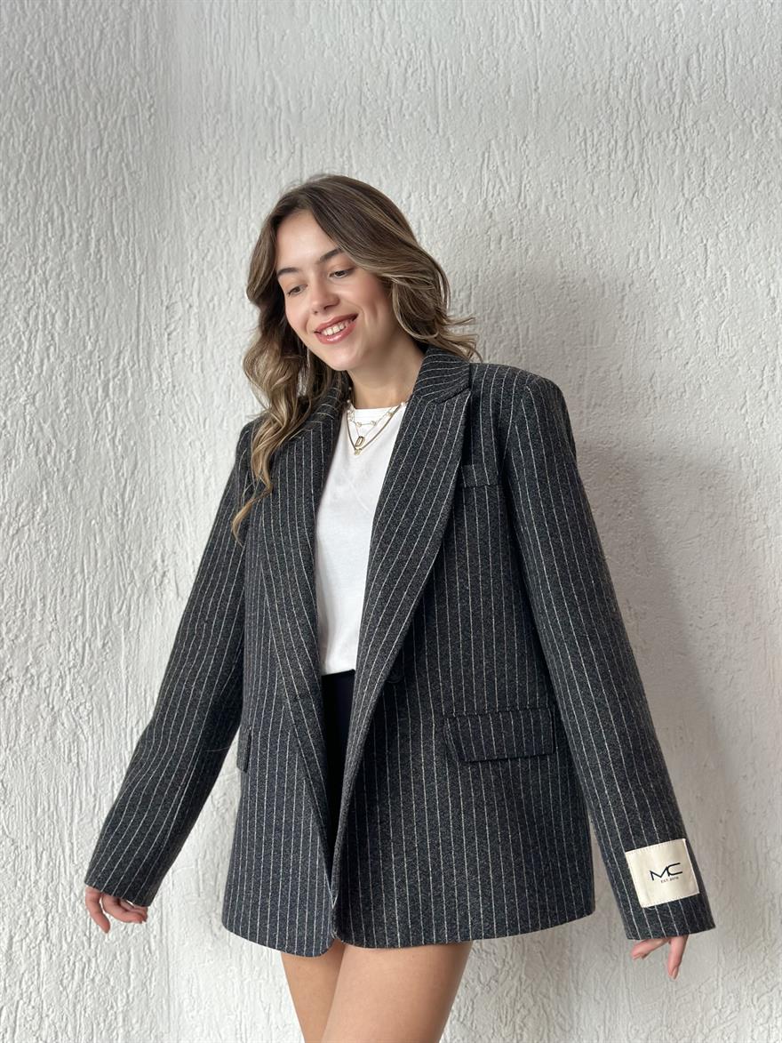 Rosalind Kaşe Çizgili Oversize Blazer Ceket - Antrasit