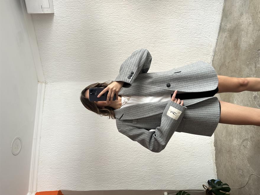 Rosalind Kaşe Çizgili Oversize Blazer Ceket - Gri