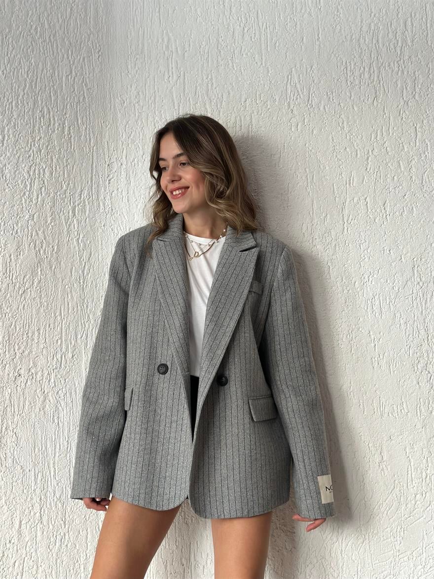 Rosalind Kaşe Çizgili Oversize Blazer Ceket - Gri