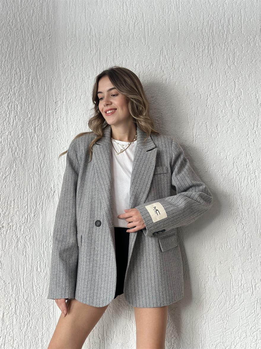 Rosalind Kaşe Çizgili Oversize Blazer Ceket - Gri