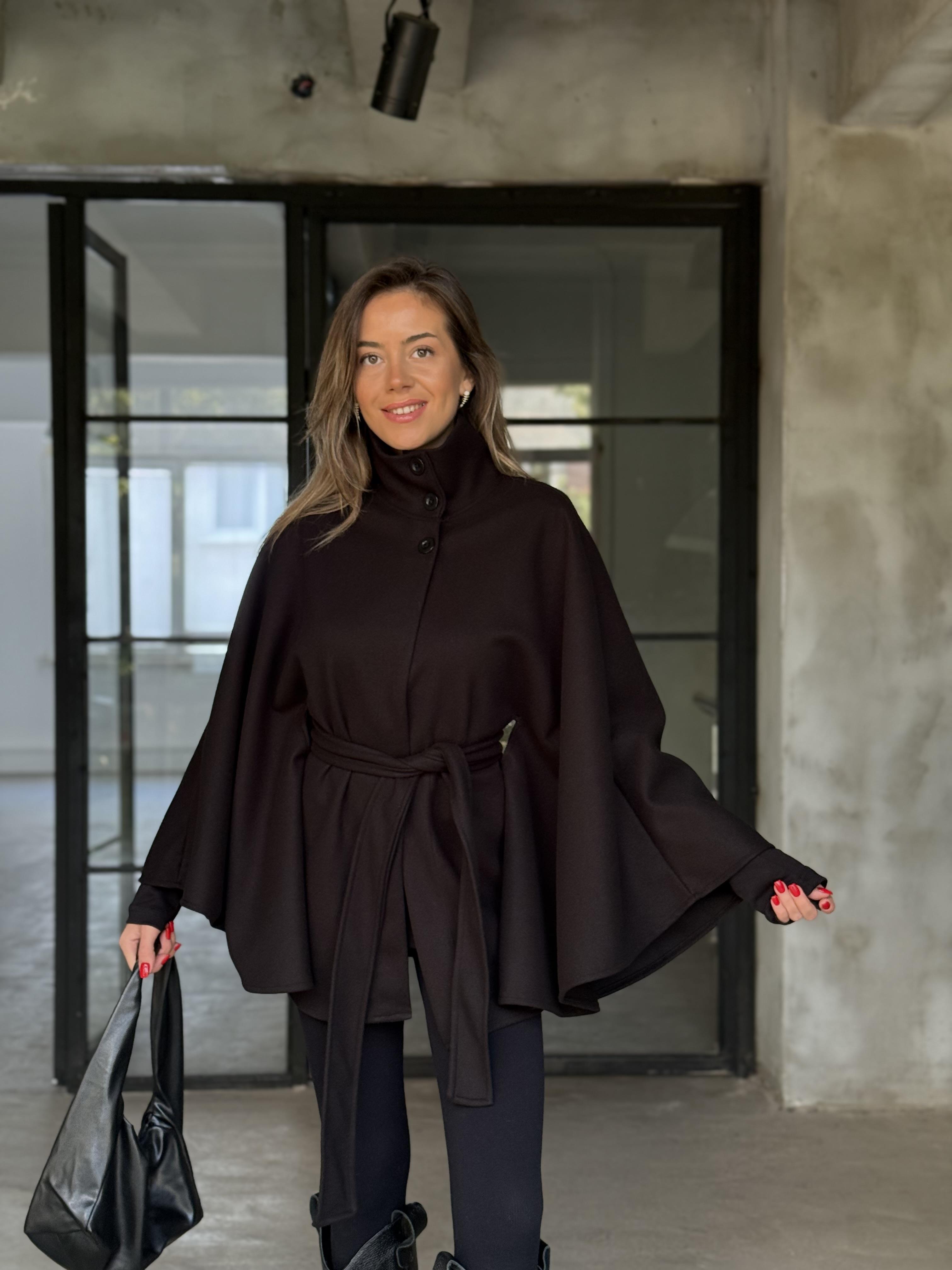 Kaşe Kuşaklı Panço - Siyah