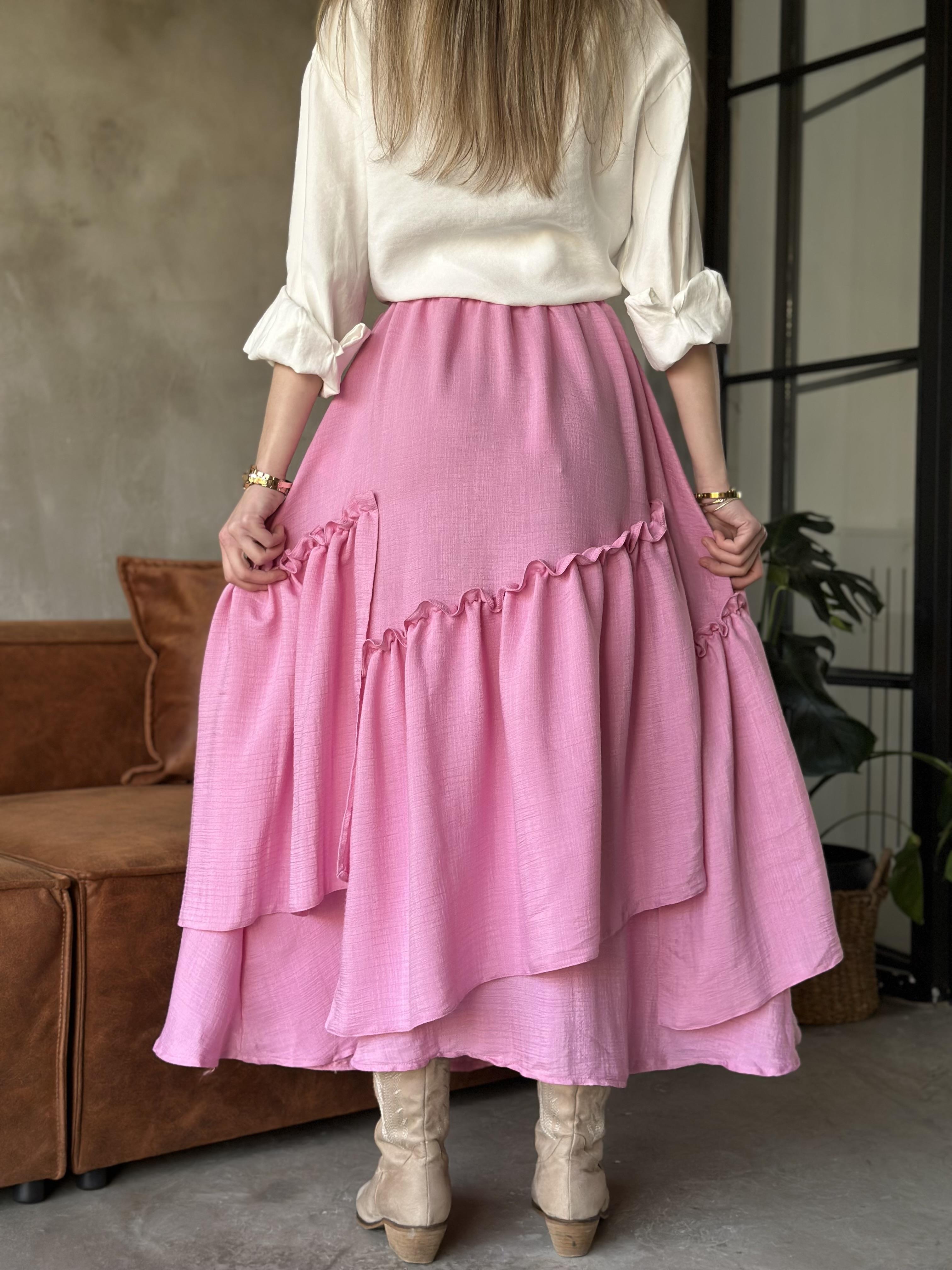 Katlı Fırfırlı Gofre Etek - Pembe