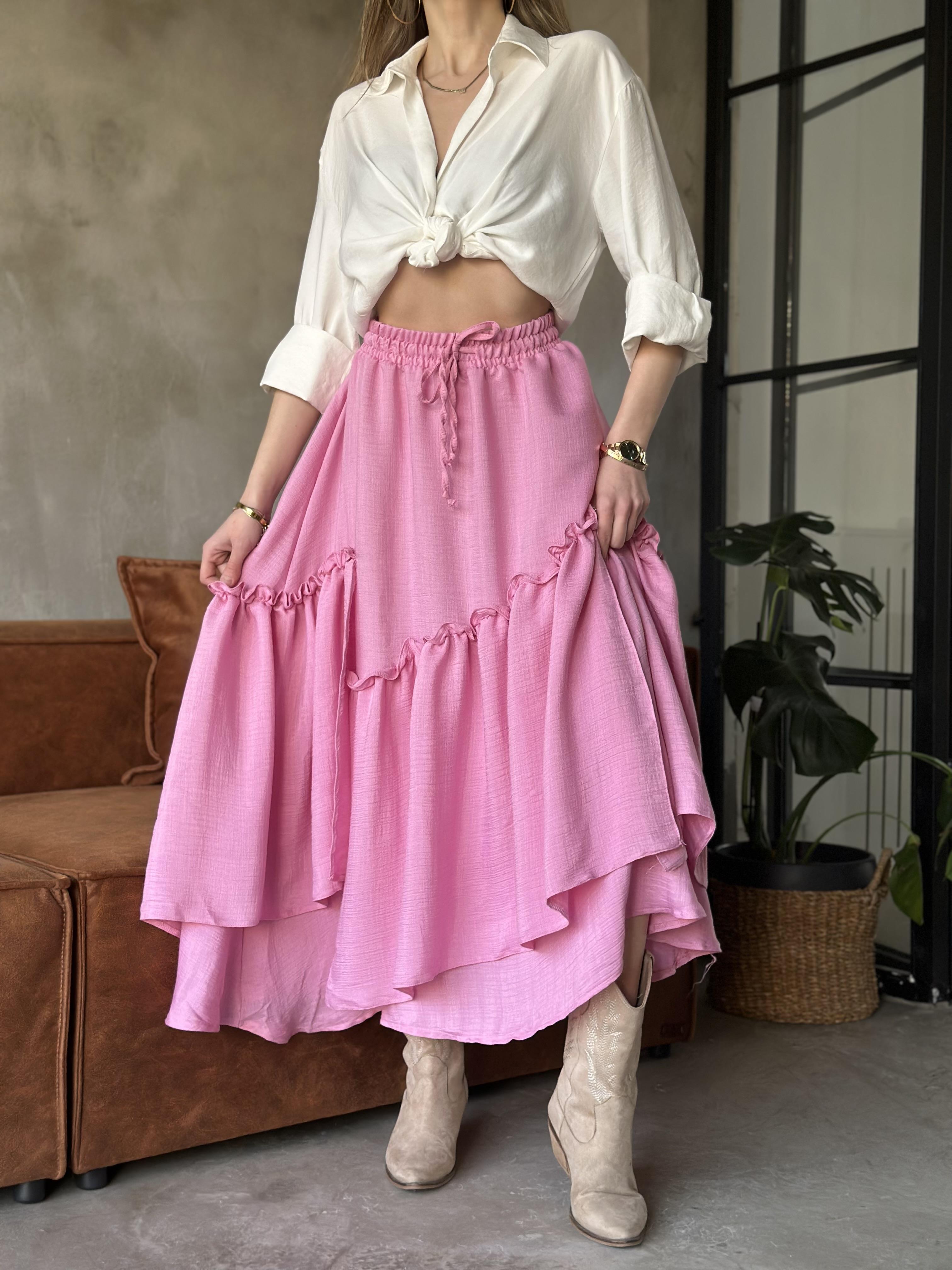 Katlı Fırfırlı Gofre Etek - Pembe