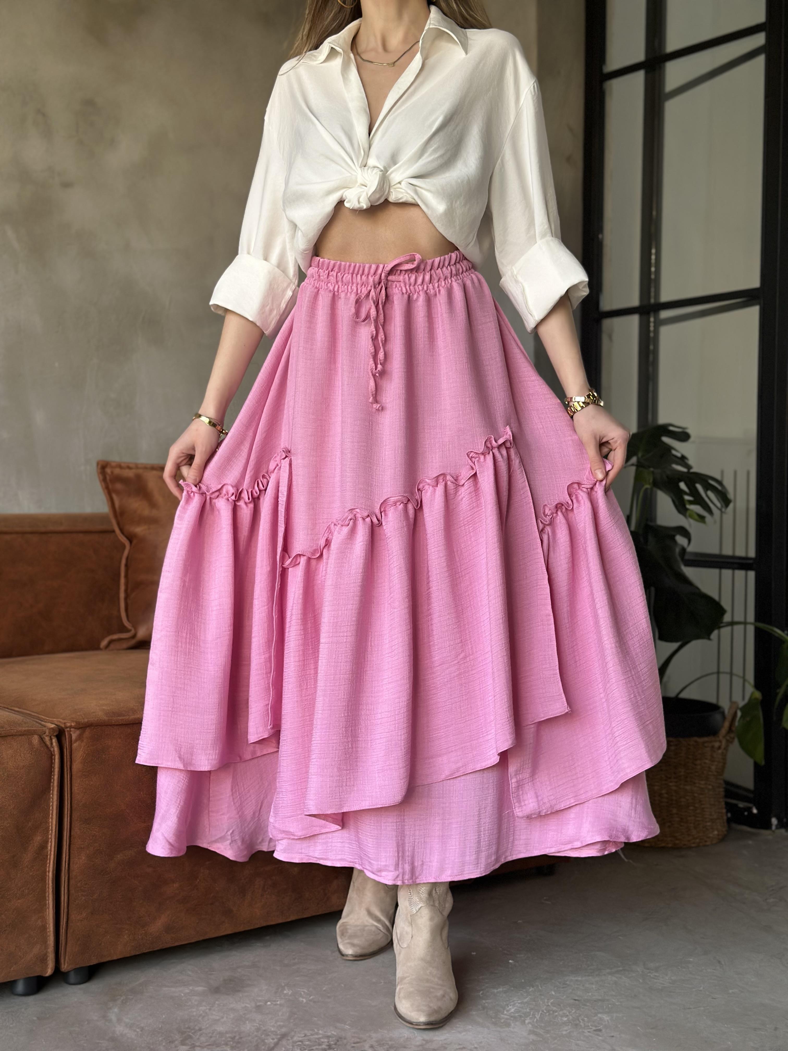Katlı Fırfırlı Gofre Etek - Pembe