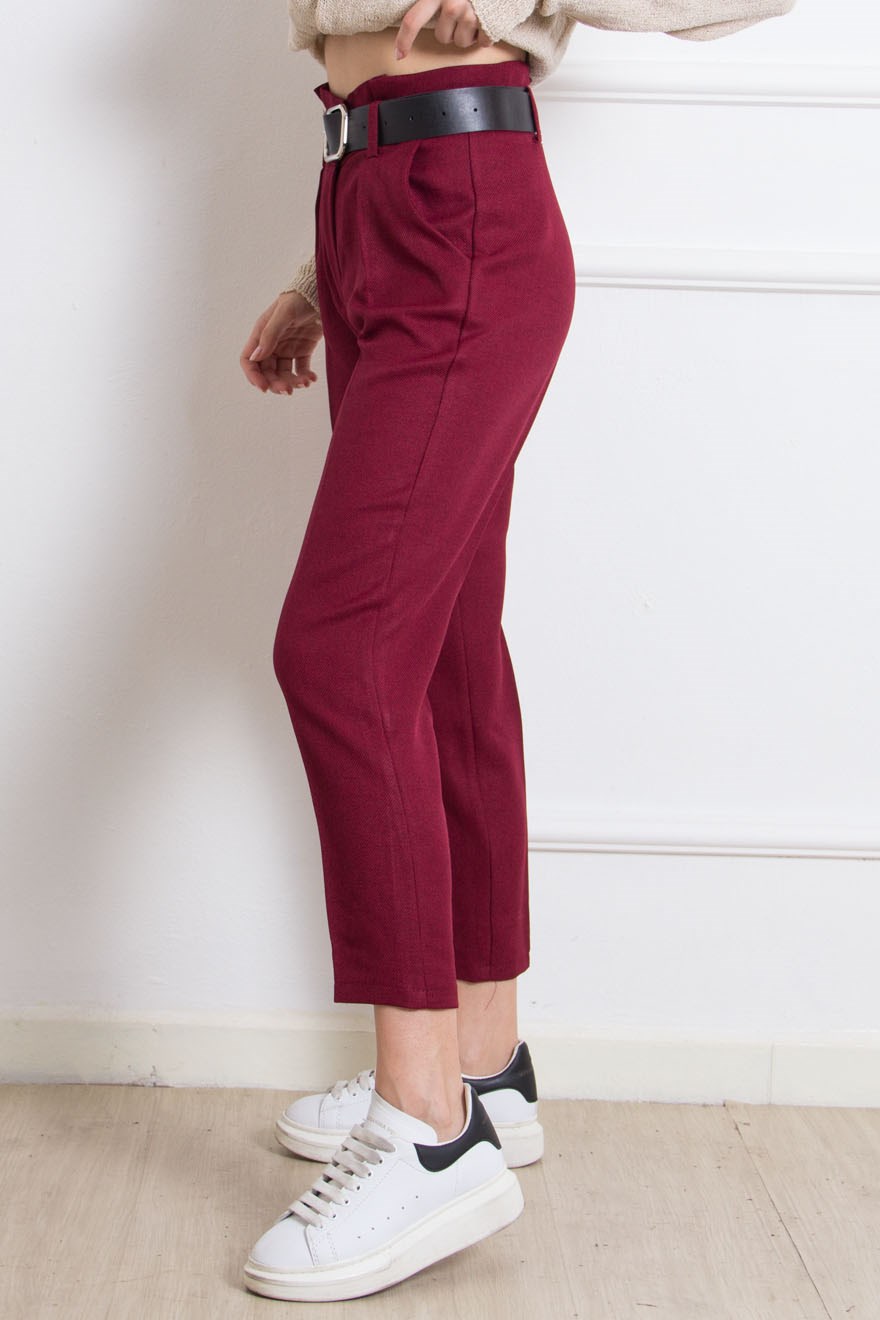Kemerli Pantolon - Bordo