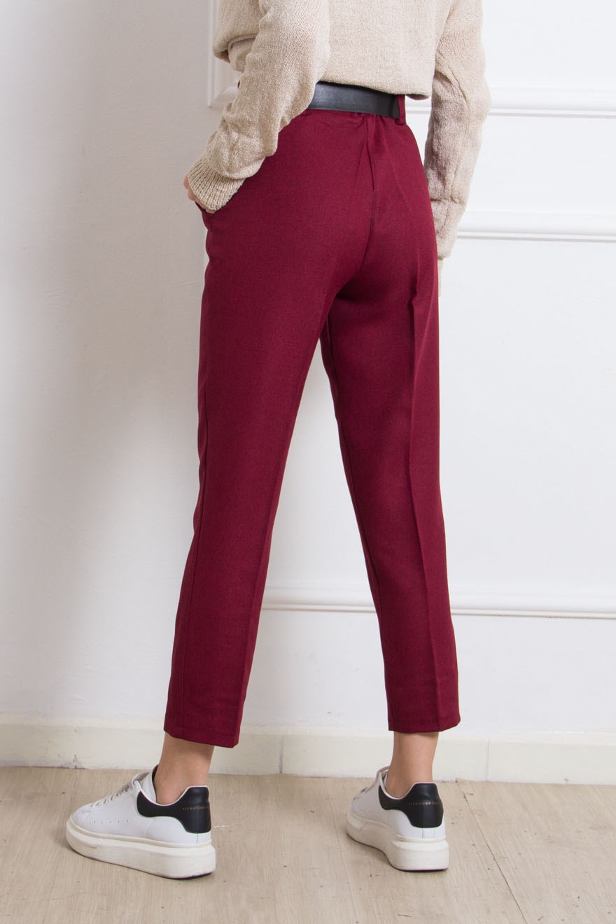 Kemerli Pantolon - Bordo