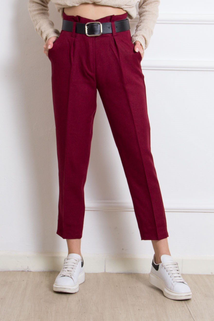 Kemerli Pantolon - Bordo