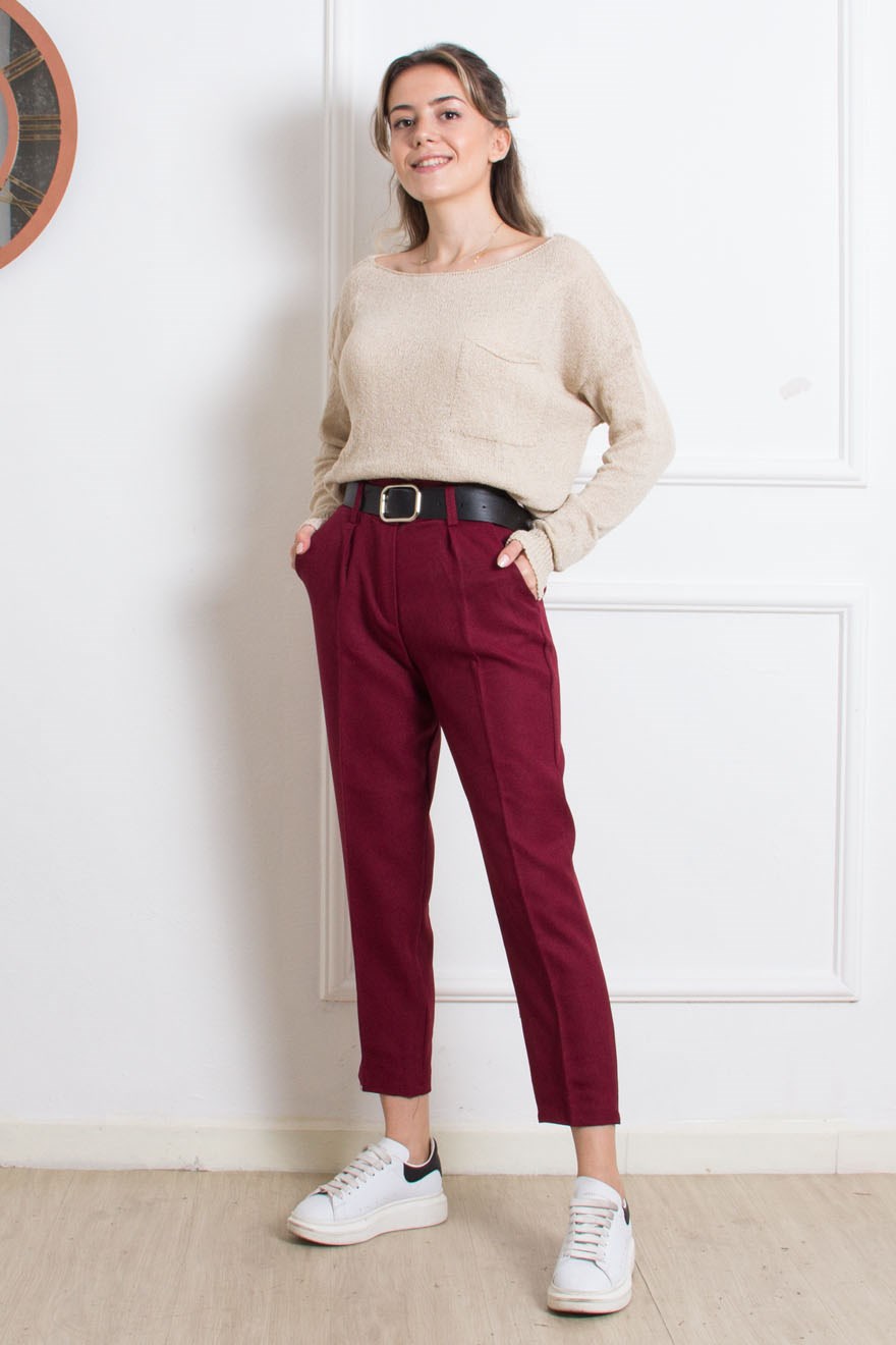 Kemerli Pantolon - Bordo