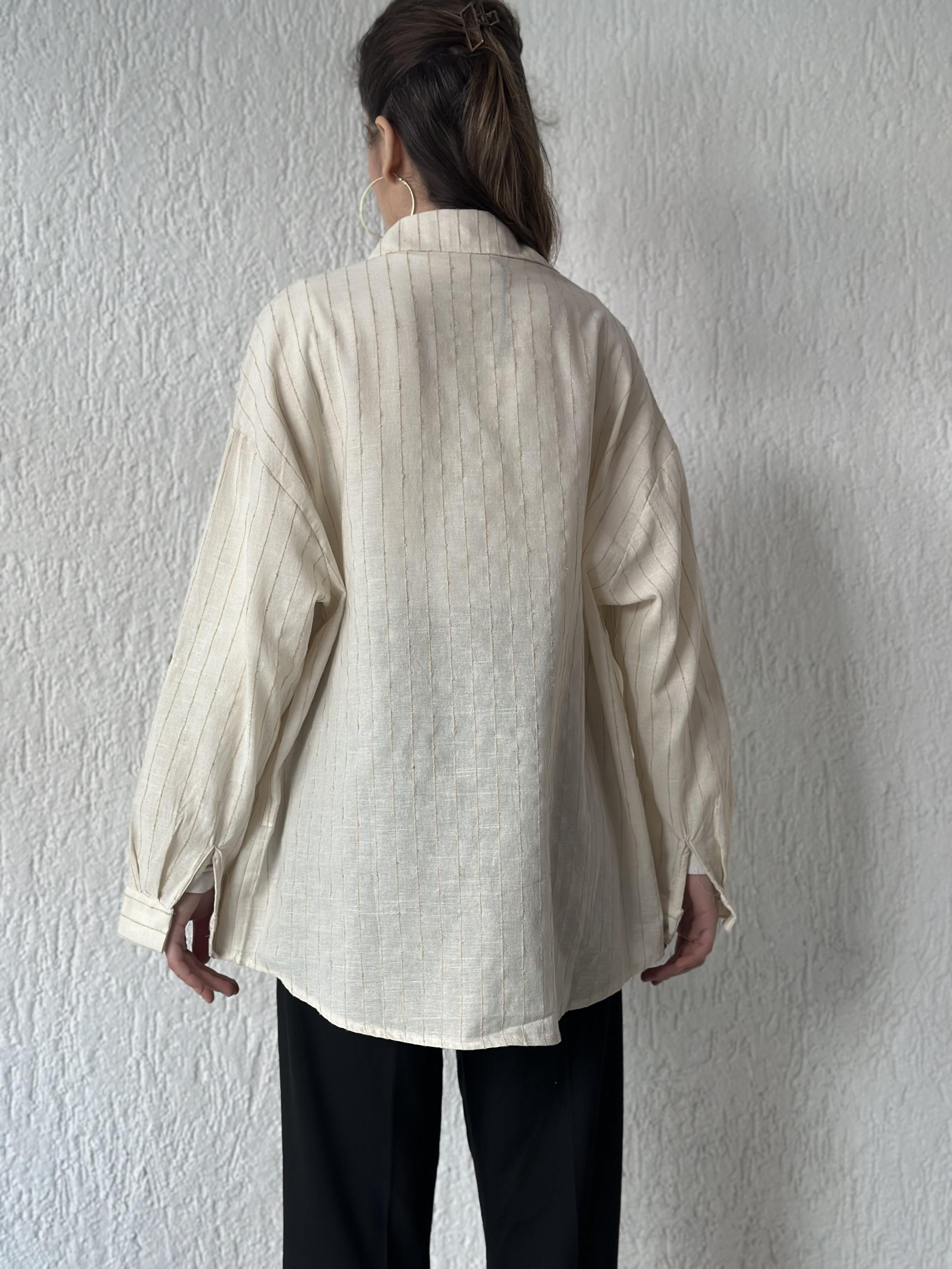 Keten Dik Çizgili Oversize Gömlek - Ekru