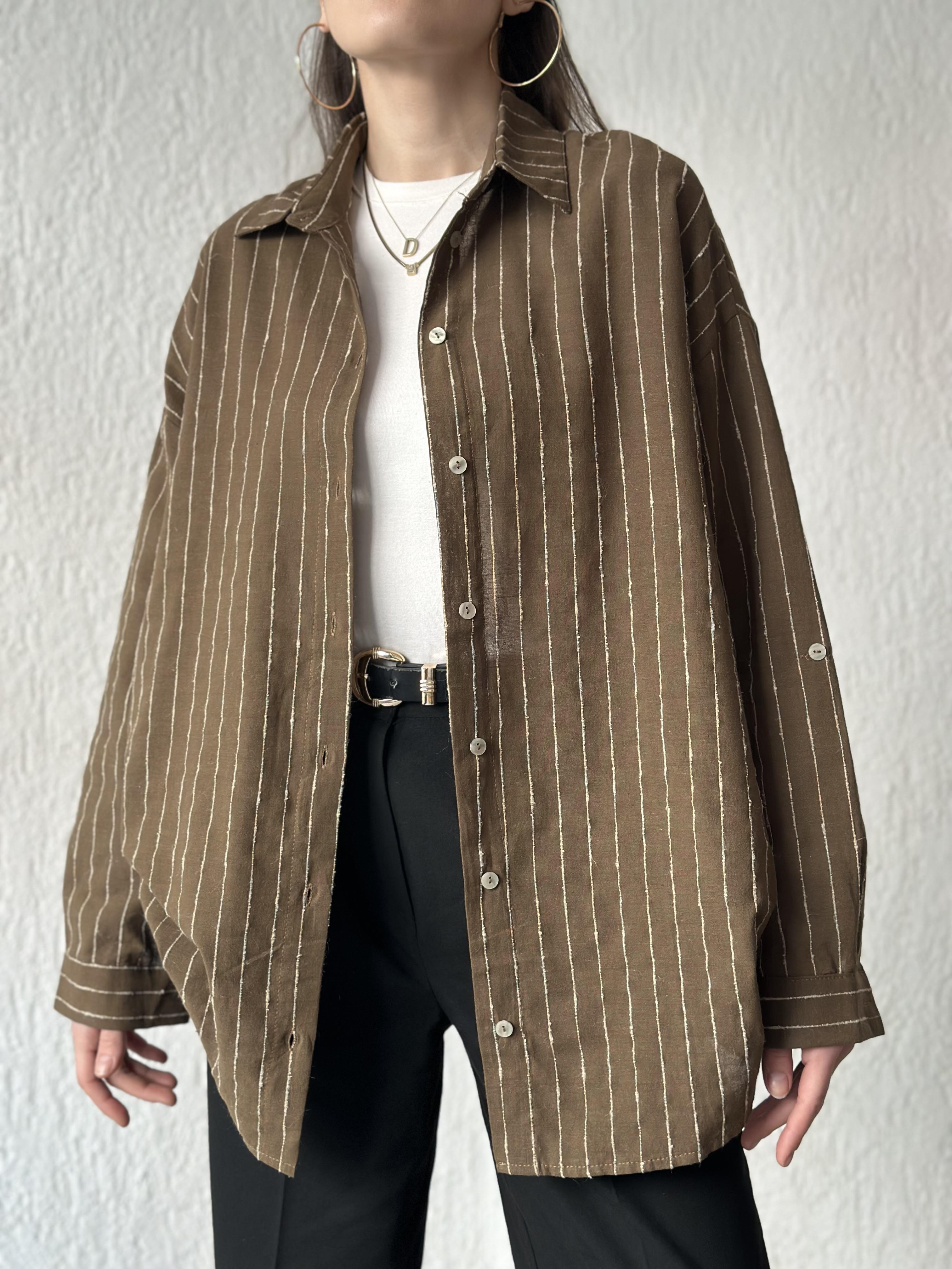 Keten Dik Çizgili Oversize Gömlek - Kahverengi