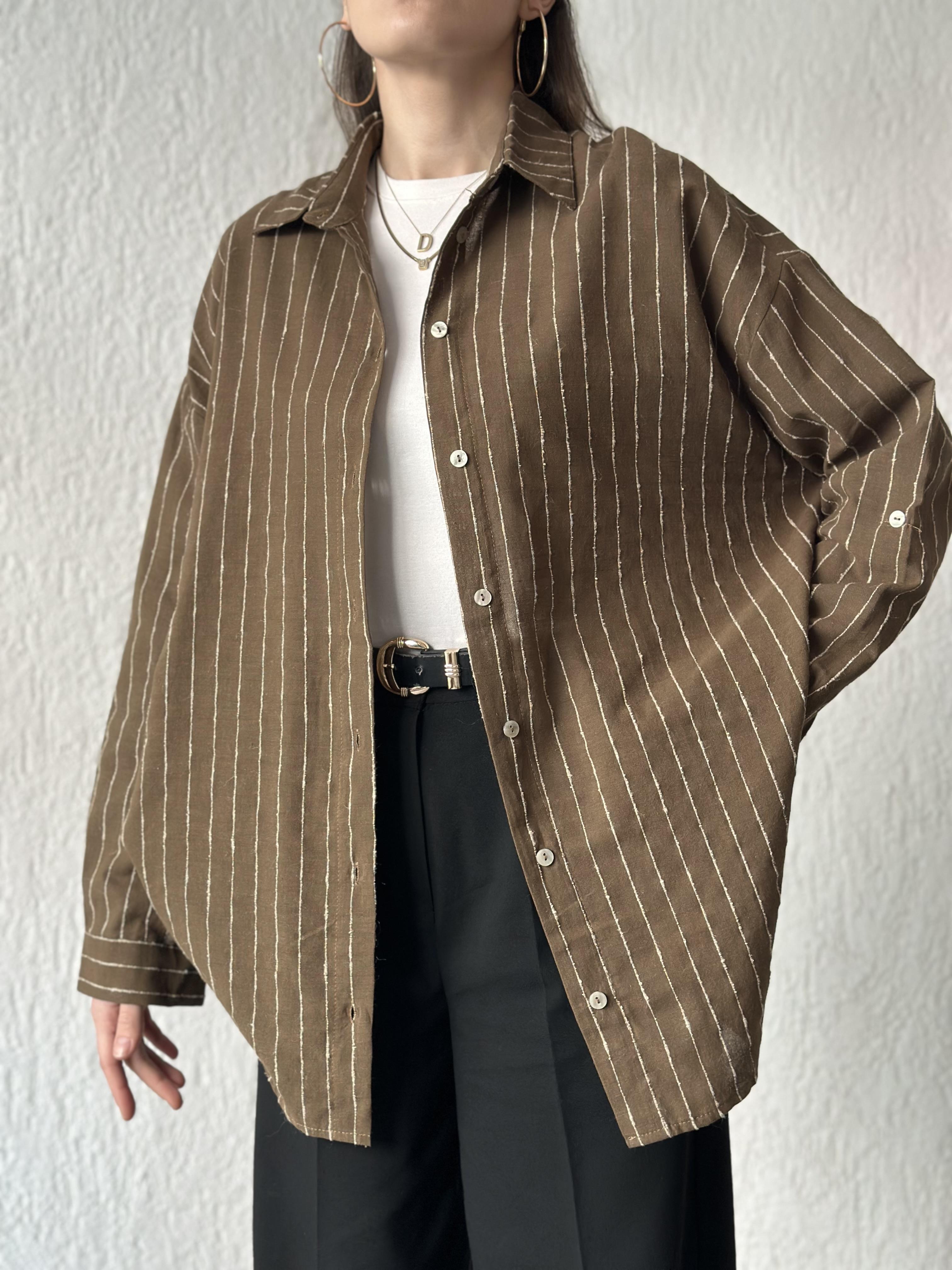 Keten Dik Çizgili Oversize Gömlek - Kahverengi