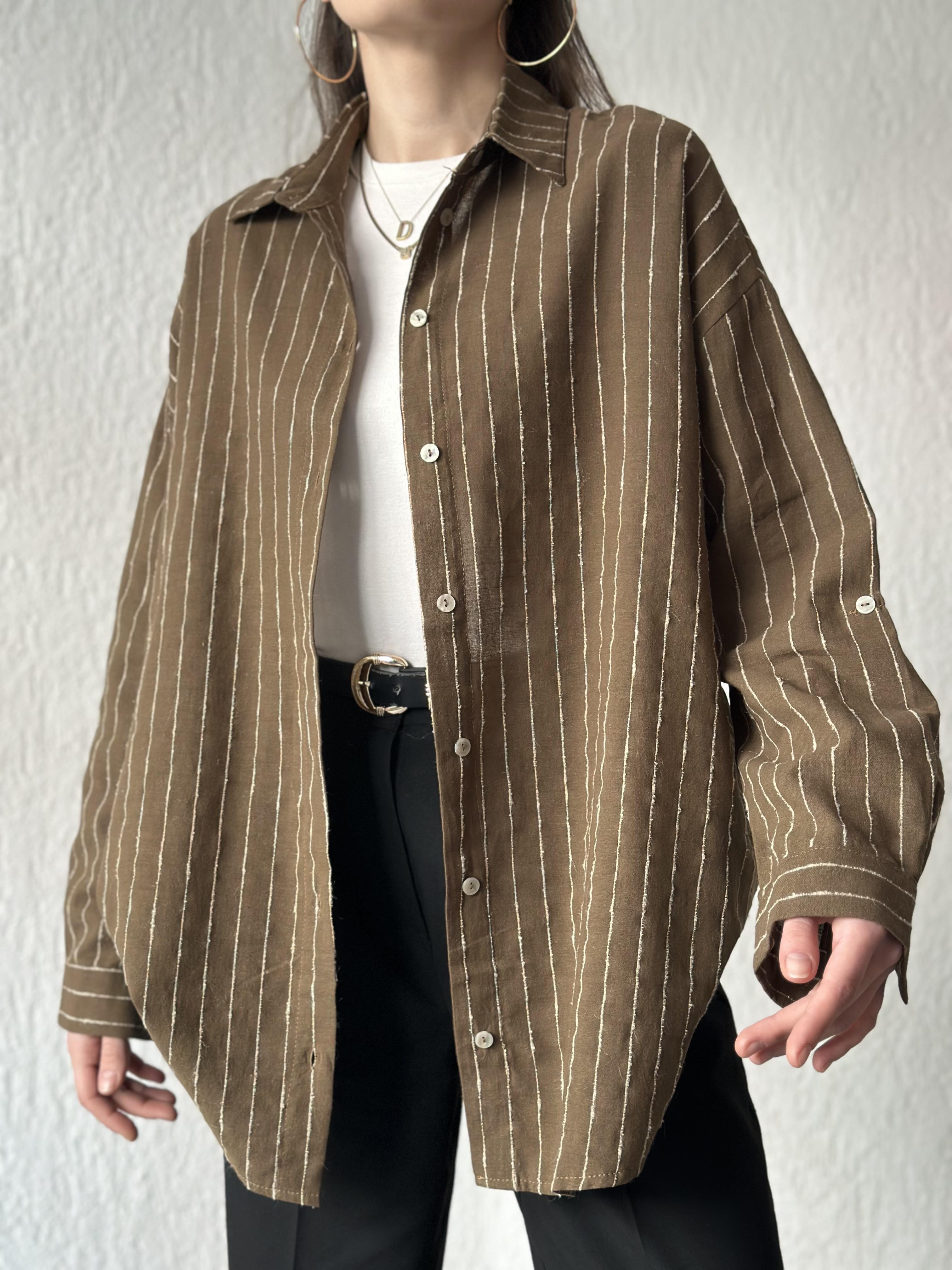 Keten Dik Çizgili Oversize Gömlek - Kahverengi