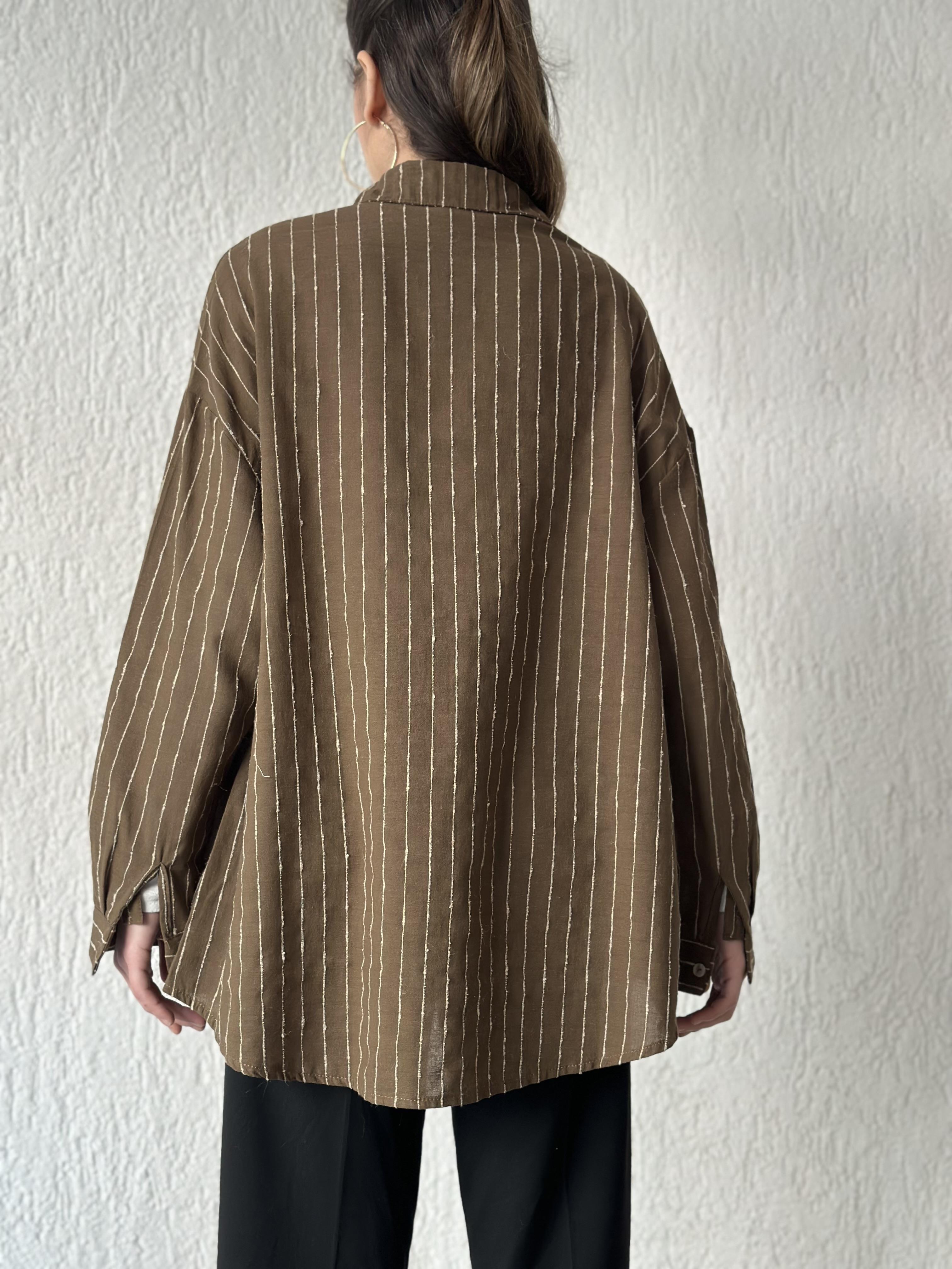 Keten Dik Çizgili Oversize Gömlek - Kahverengi