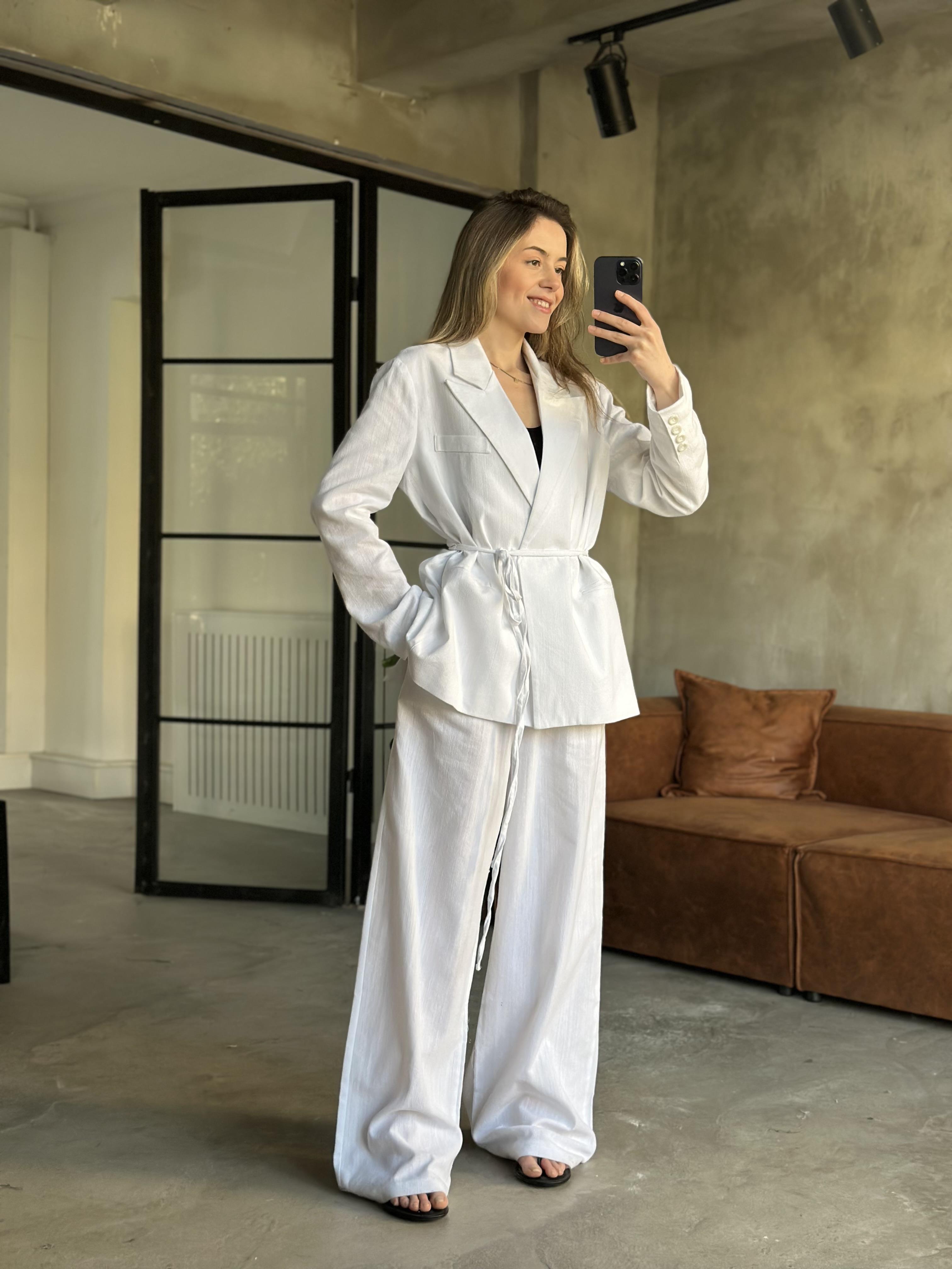 Keten Karışımlı Blazer Ceket Palazzo Pantolon Takım - Beyaz