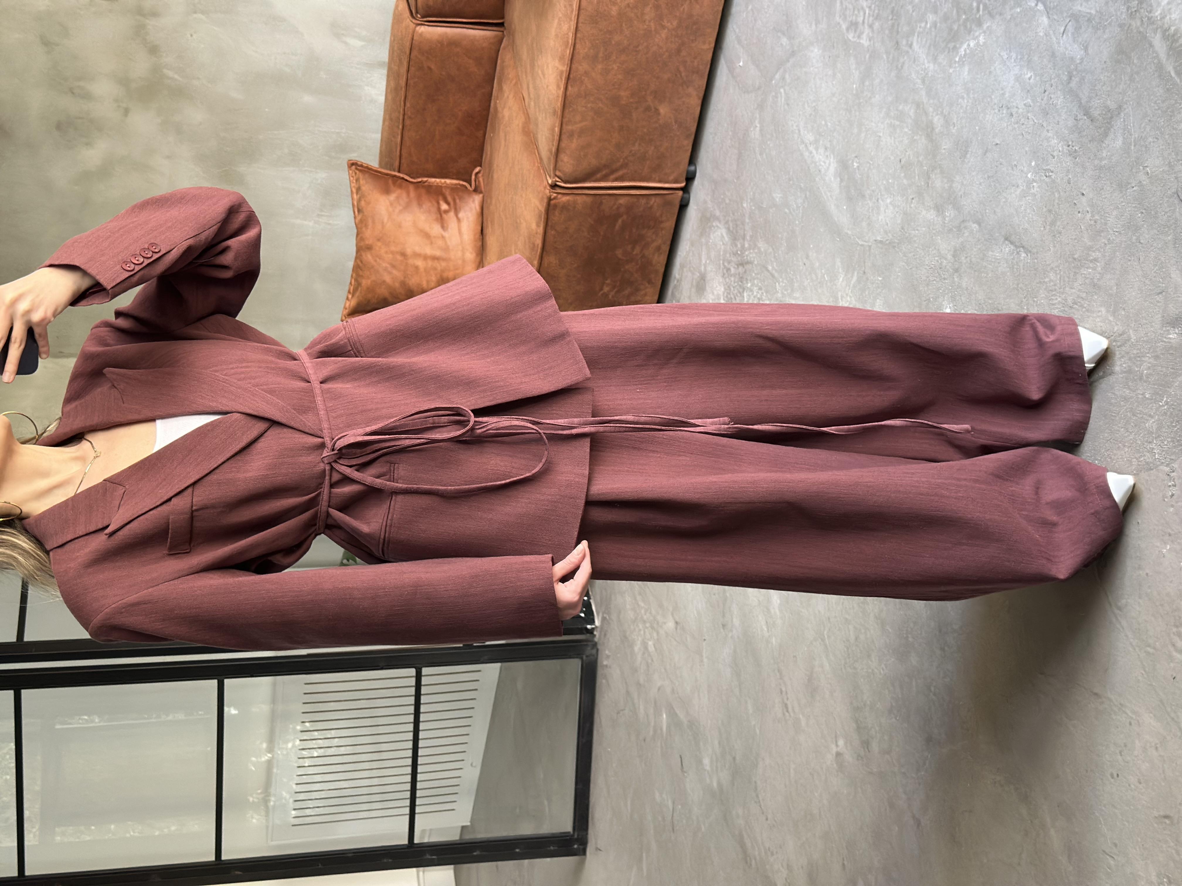 Keten Karışımlı Blazer Ceket Palazzo Pantolon Takım - Mürdüm