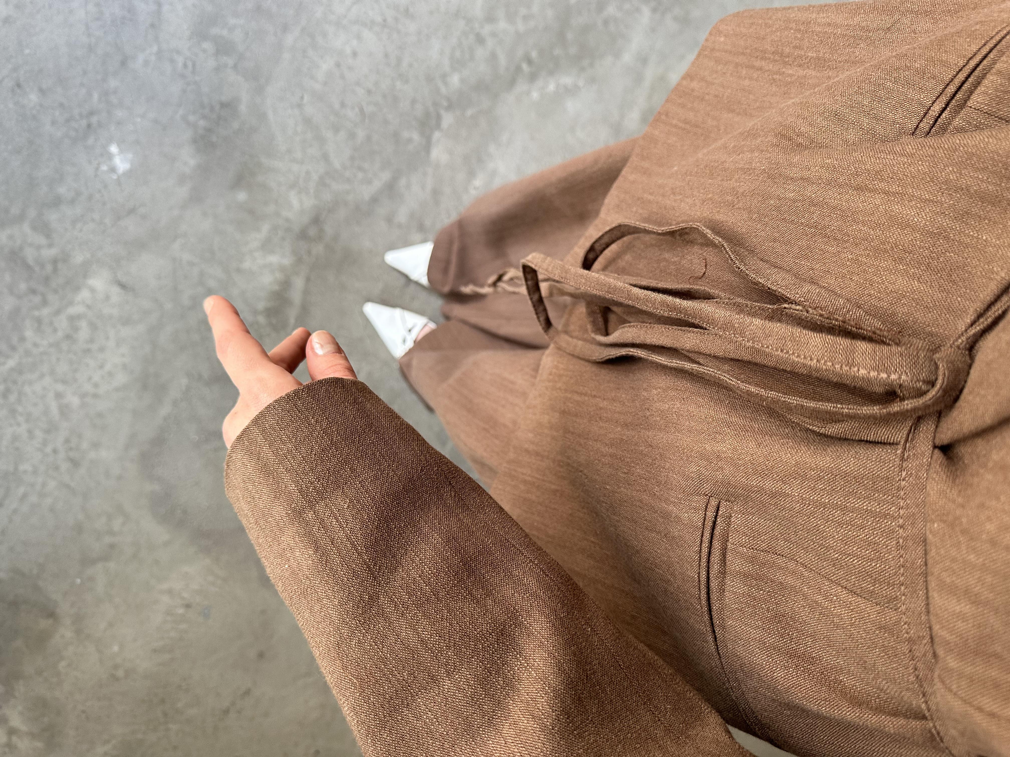 Keten Karışımlı Blazer Ceket Palazzo Pantolon Takım - Kahverengi