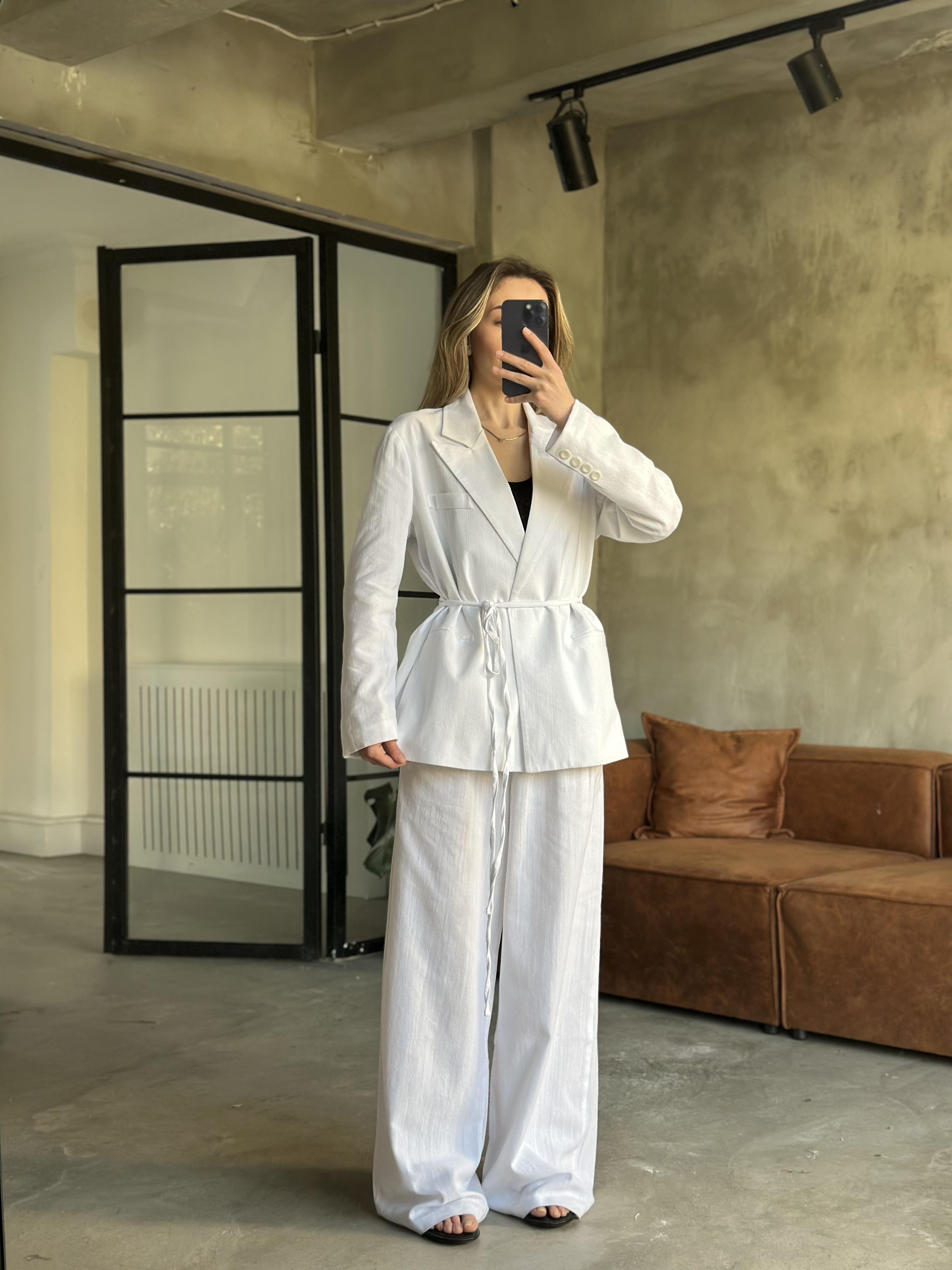 Keten Karışımlı Blazer Ceket Palazzo Pantolon Takım - Beyaz