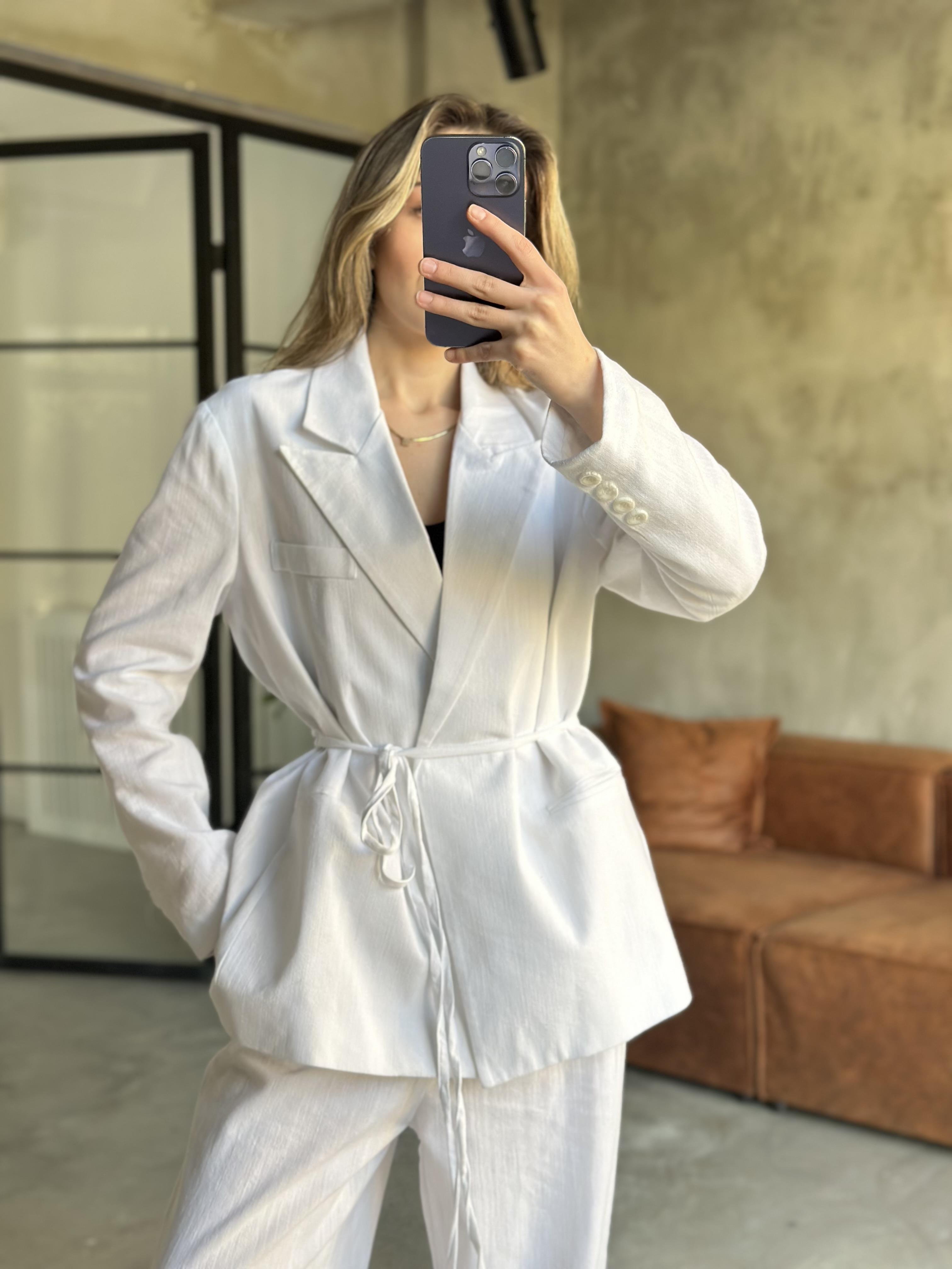 Keten Karışımlı Blazer Ceket Palazzo Pantolon Takım - Beyaz