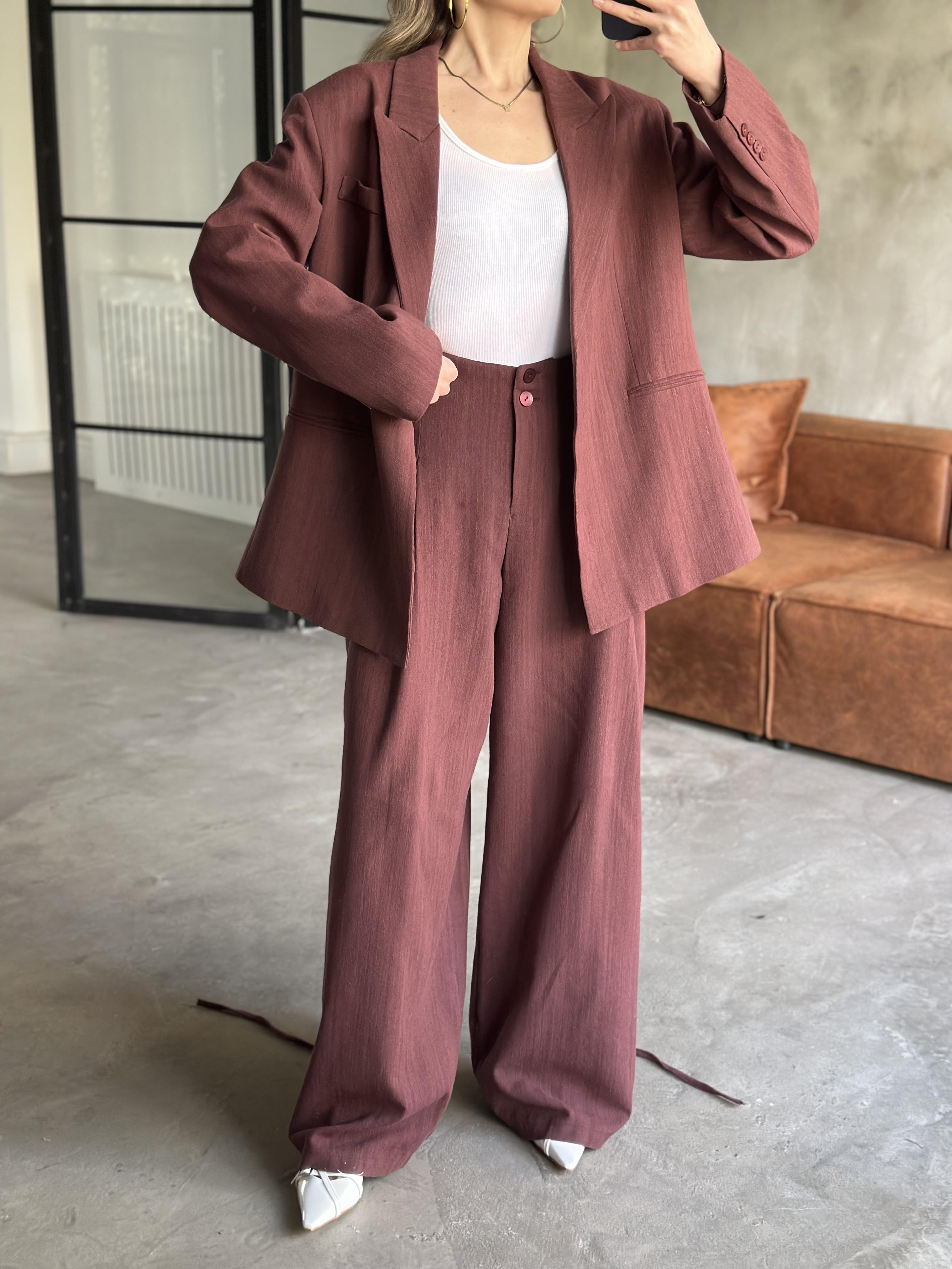 Keten Karışımlı Blazer Ceket Palazzo Pantolon Takım - Mürdüm