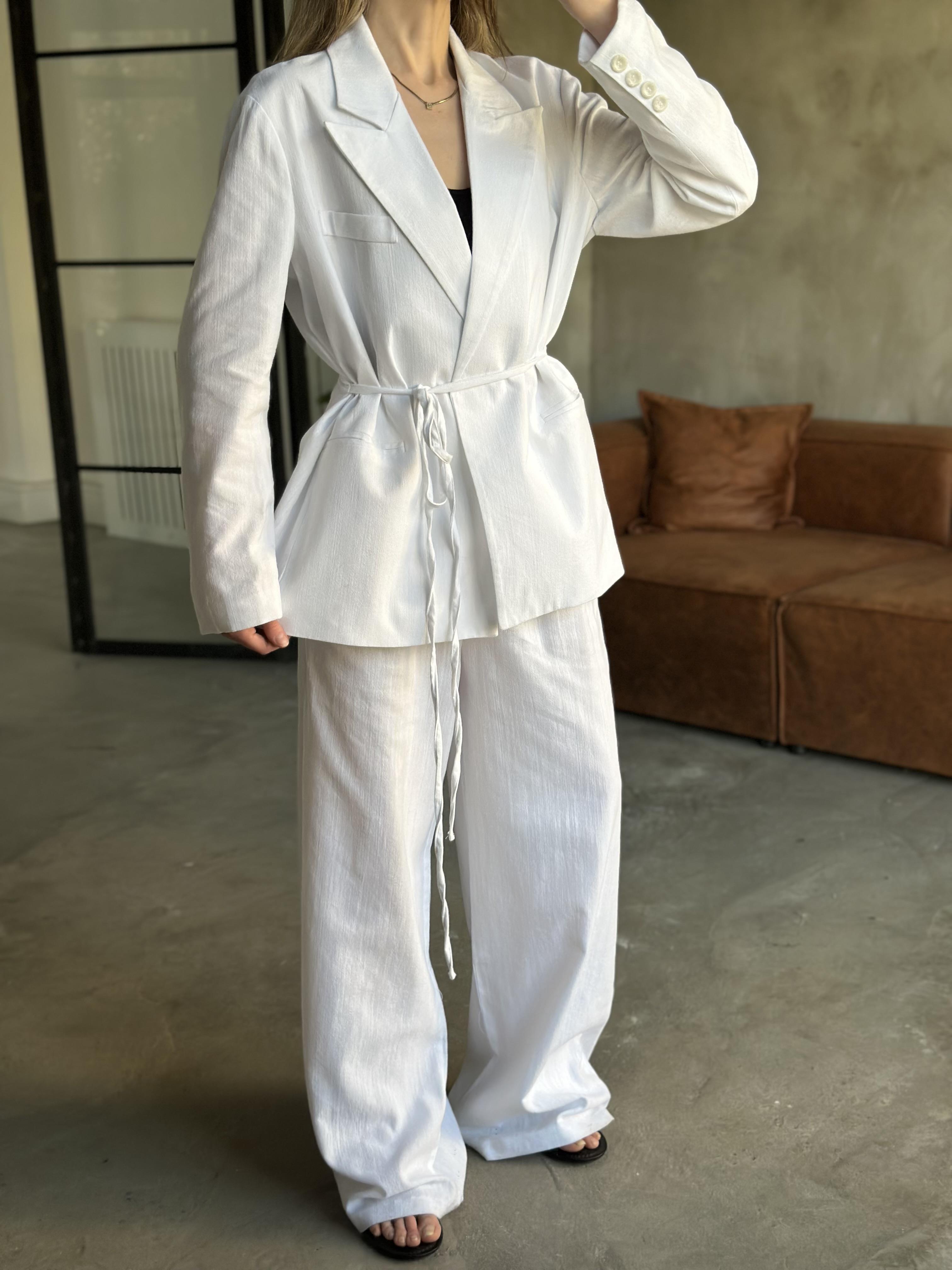 Keten Karışımlı Blazer Ceket Palazzo Pantolon Takım - Beyaz