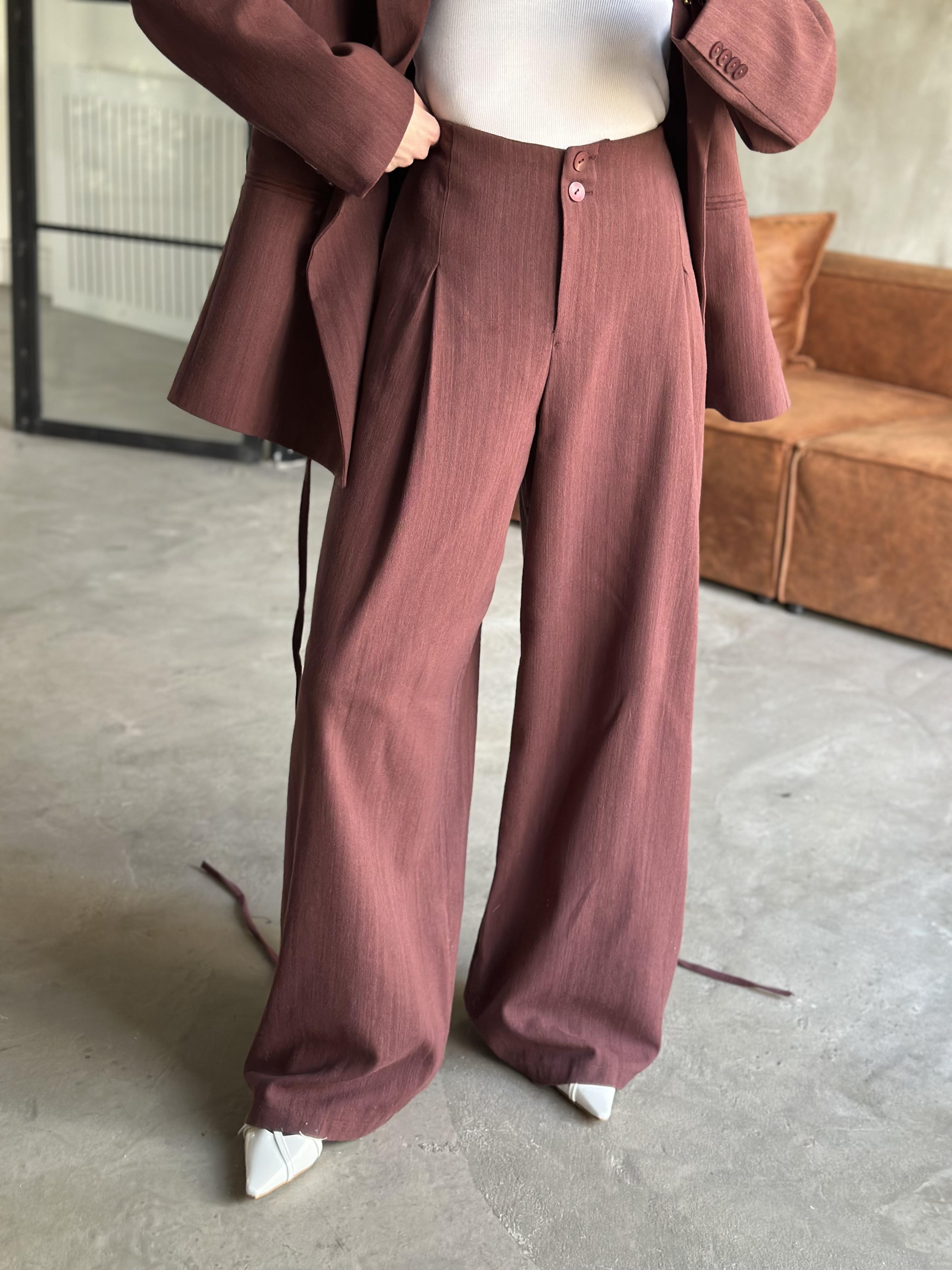 Keten Karışımlı Blazer Ceket Palazzo Pantolon Takım - Mürdüm