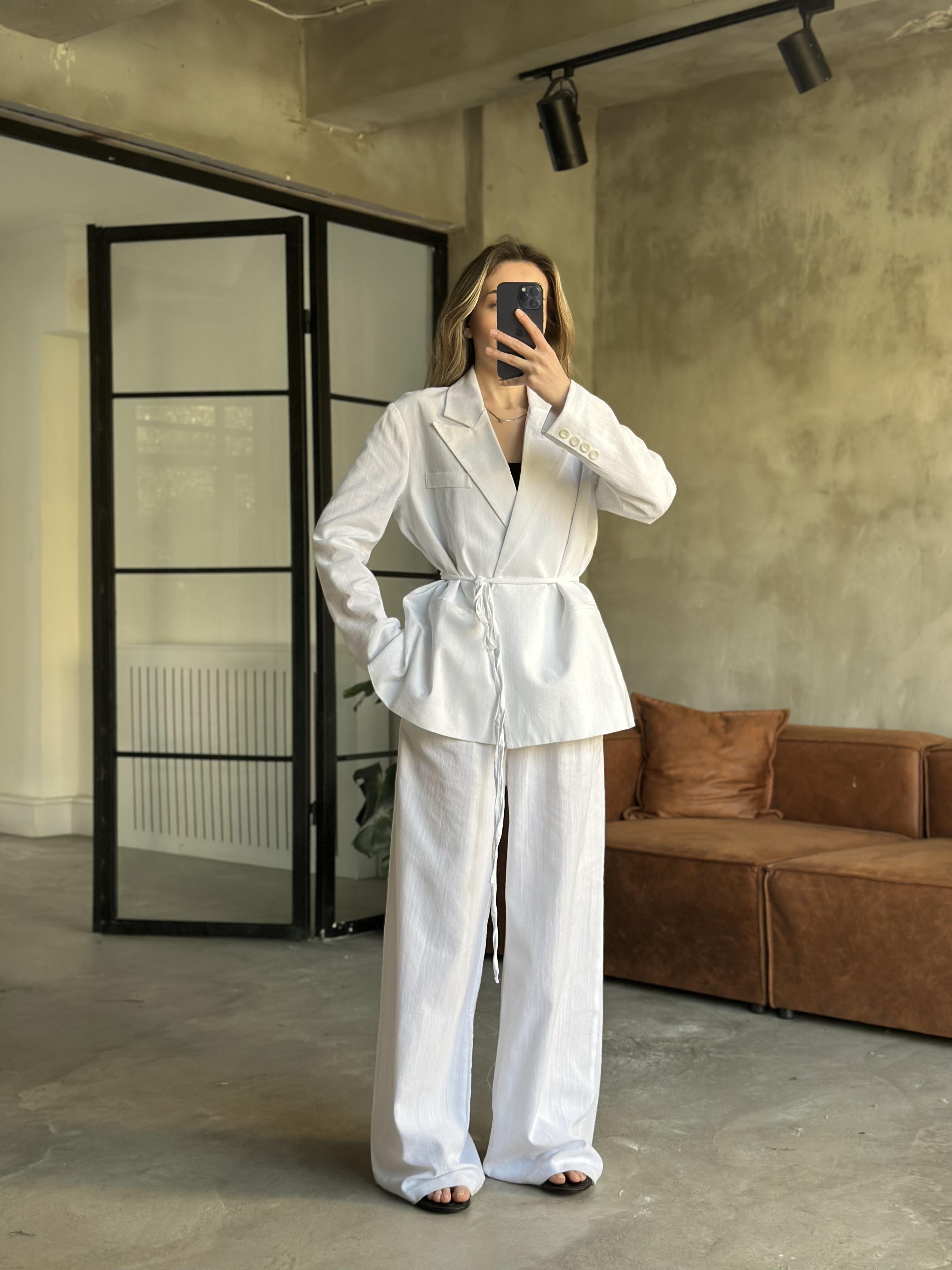 Keten Karışımlı Blazer Ceket Palazzo Pantolon Takım - Beyaz