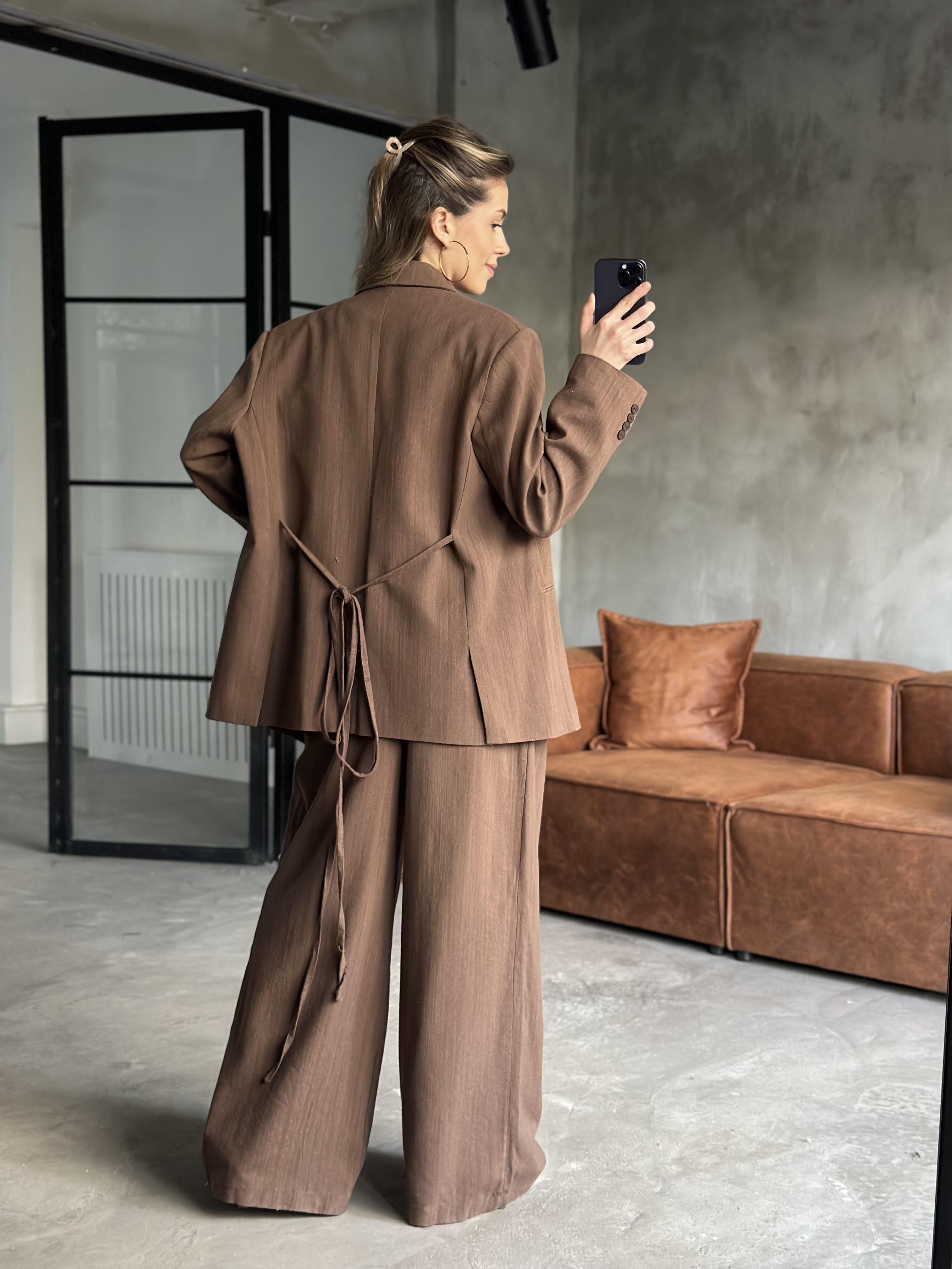 Keten Karışımlı Blazer Ceket Palazzo Pantolon Takım - Kahverengi