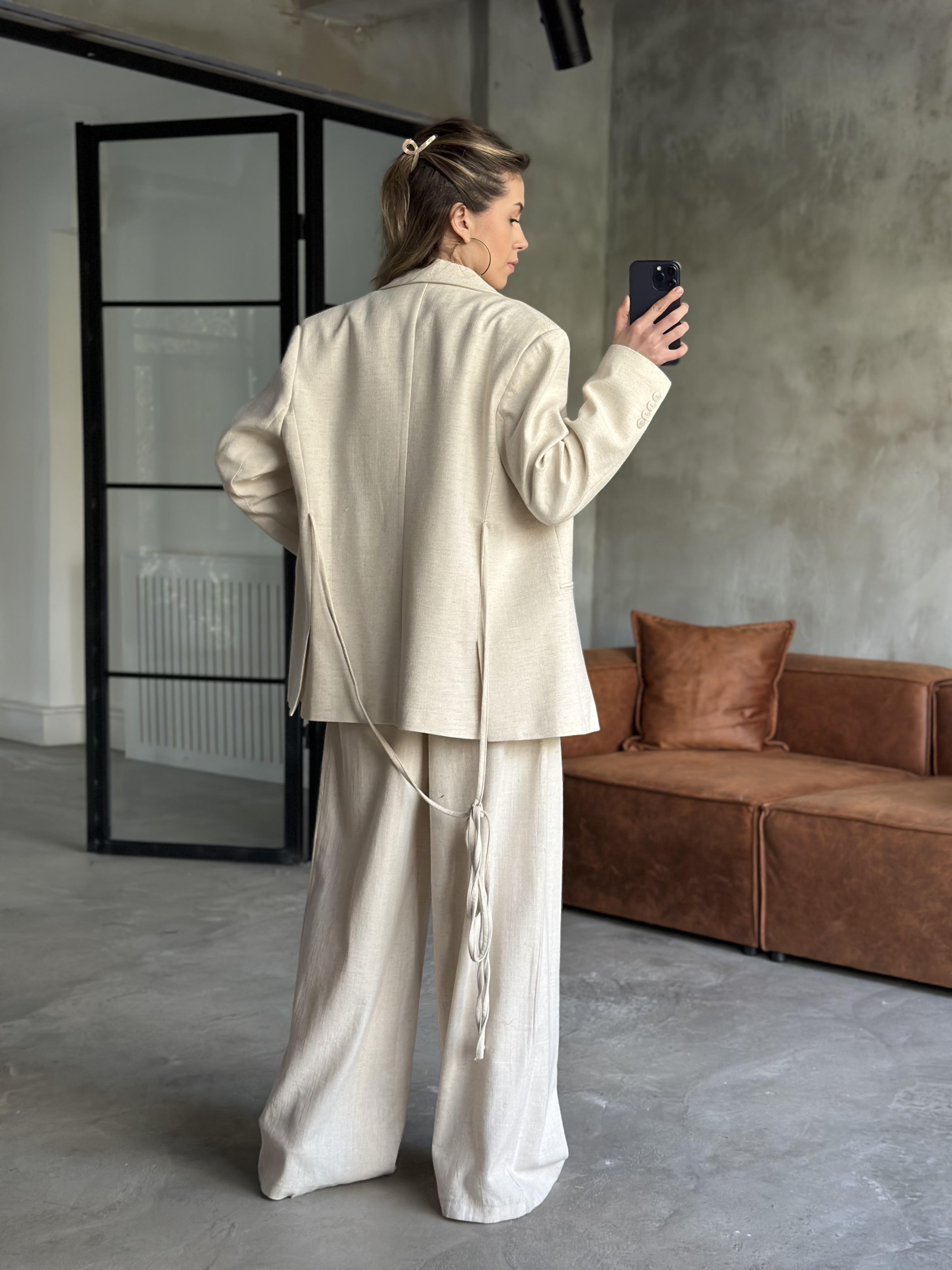 Keten Karşımlı Blazer Ceket Palazzo Pantolon Takım - Ekru