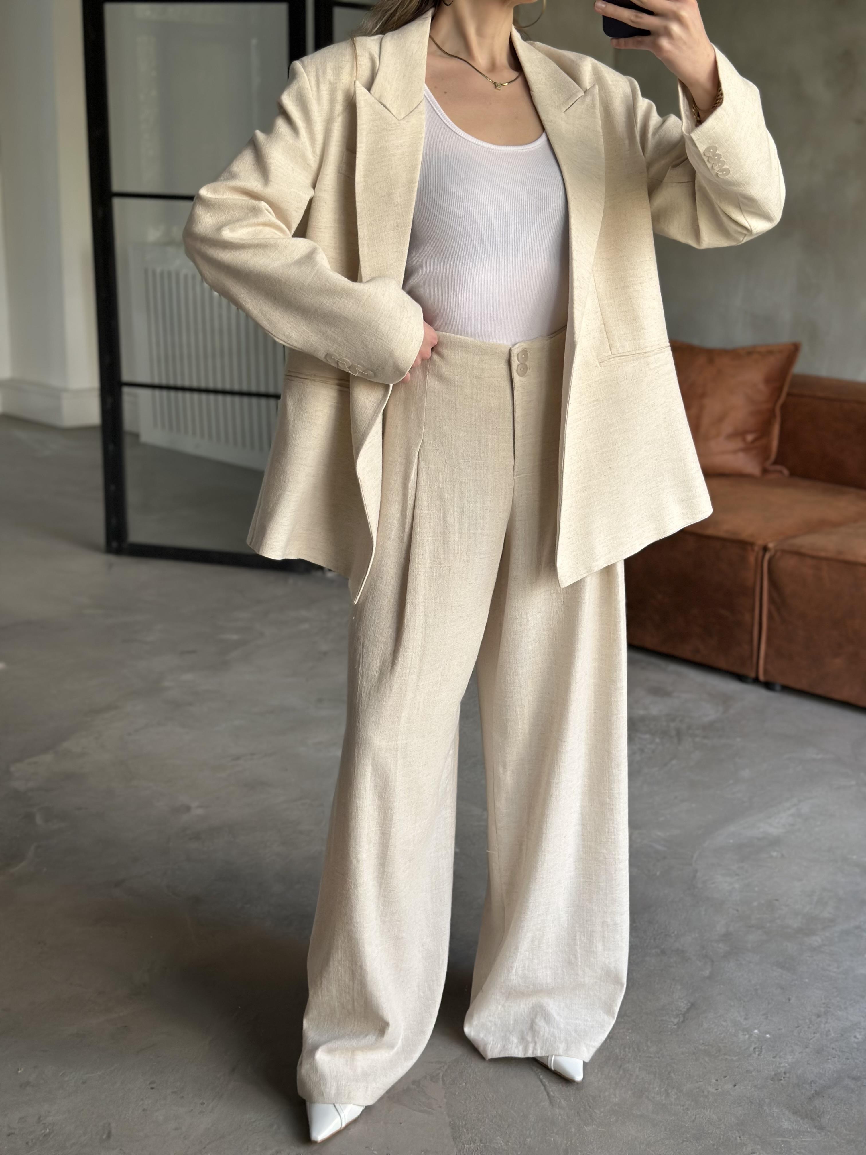 Keten Karşımlı Blazer Ceket Palazzo Pantolon Takım - Ekru