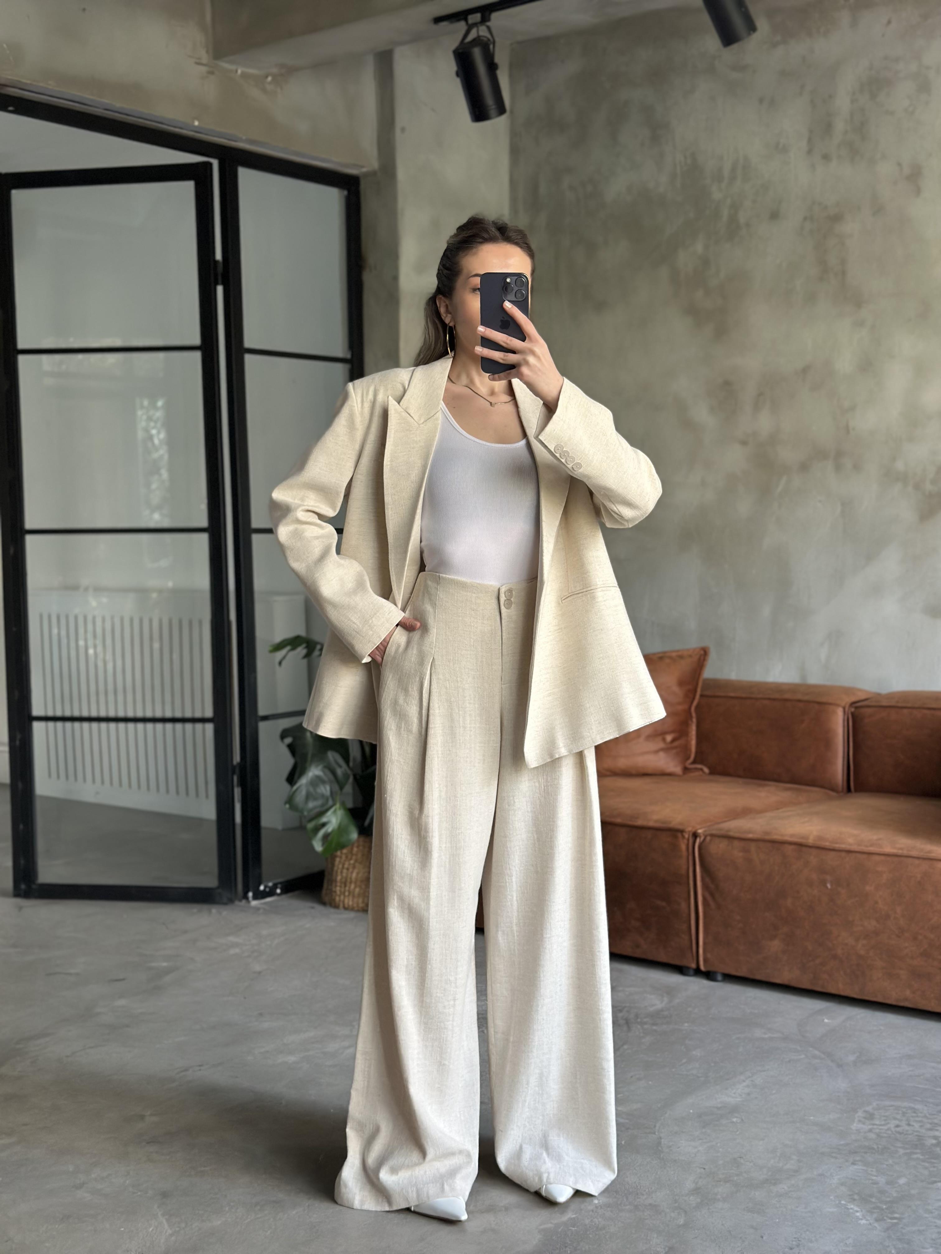Keten Karşımlı Blazer Ceket Palazzo Pantolon Takım - Ekru