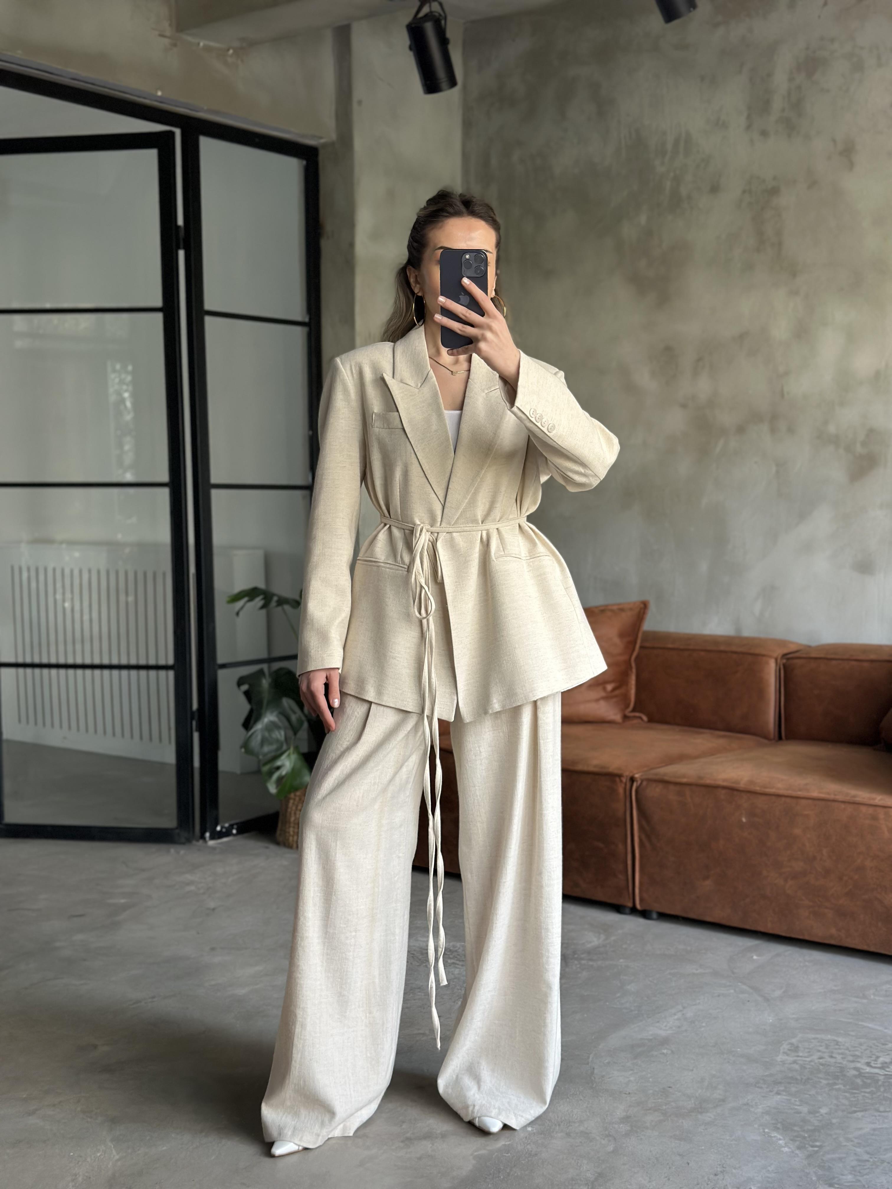 Keten Karşımlı Blazer Ceket Palazzo Pantolon Takım - Ekru