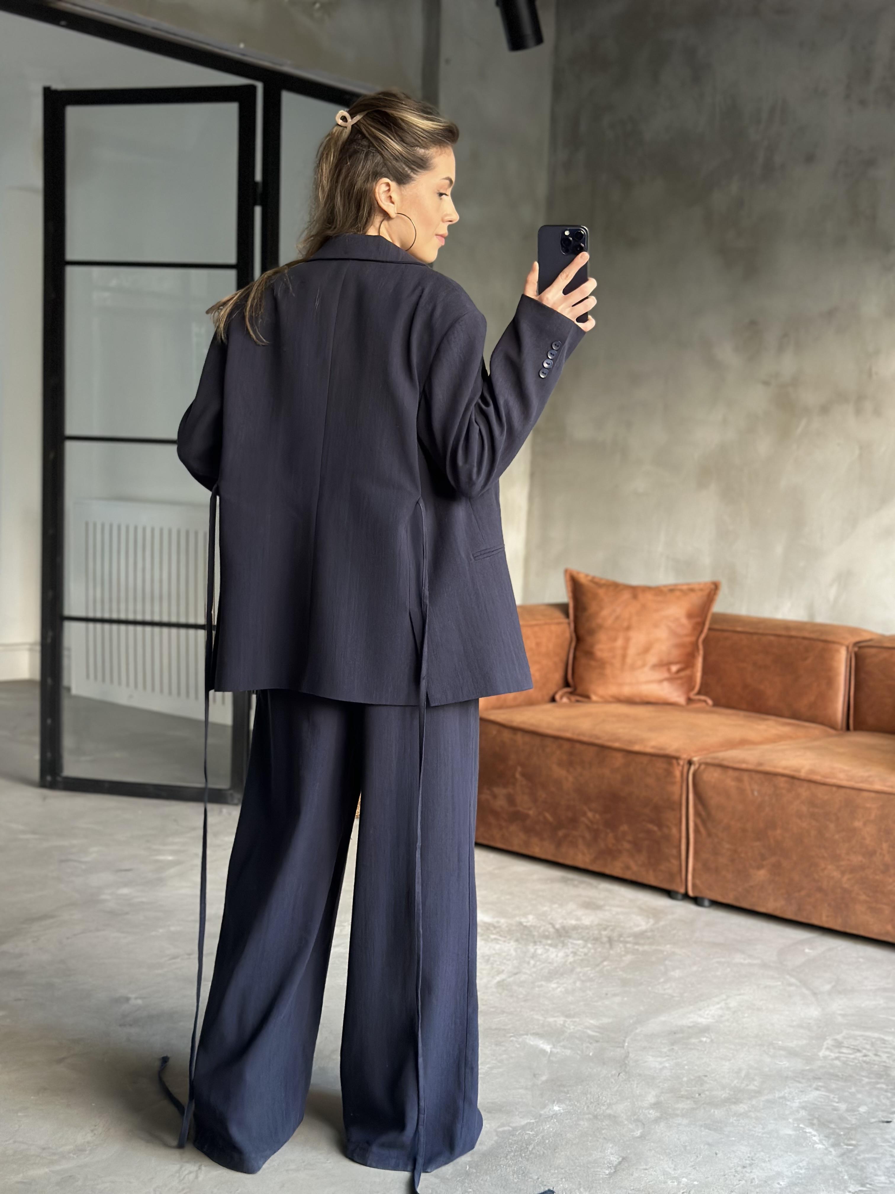 Keten Karşımlı Blazer Ceket Palazzo Pantolon Takım - Lacivert