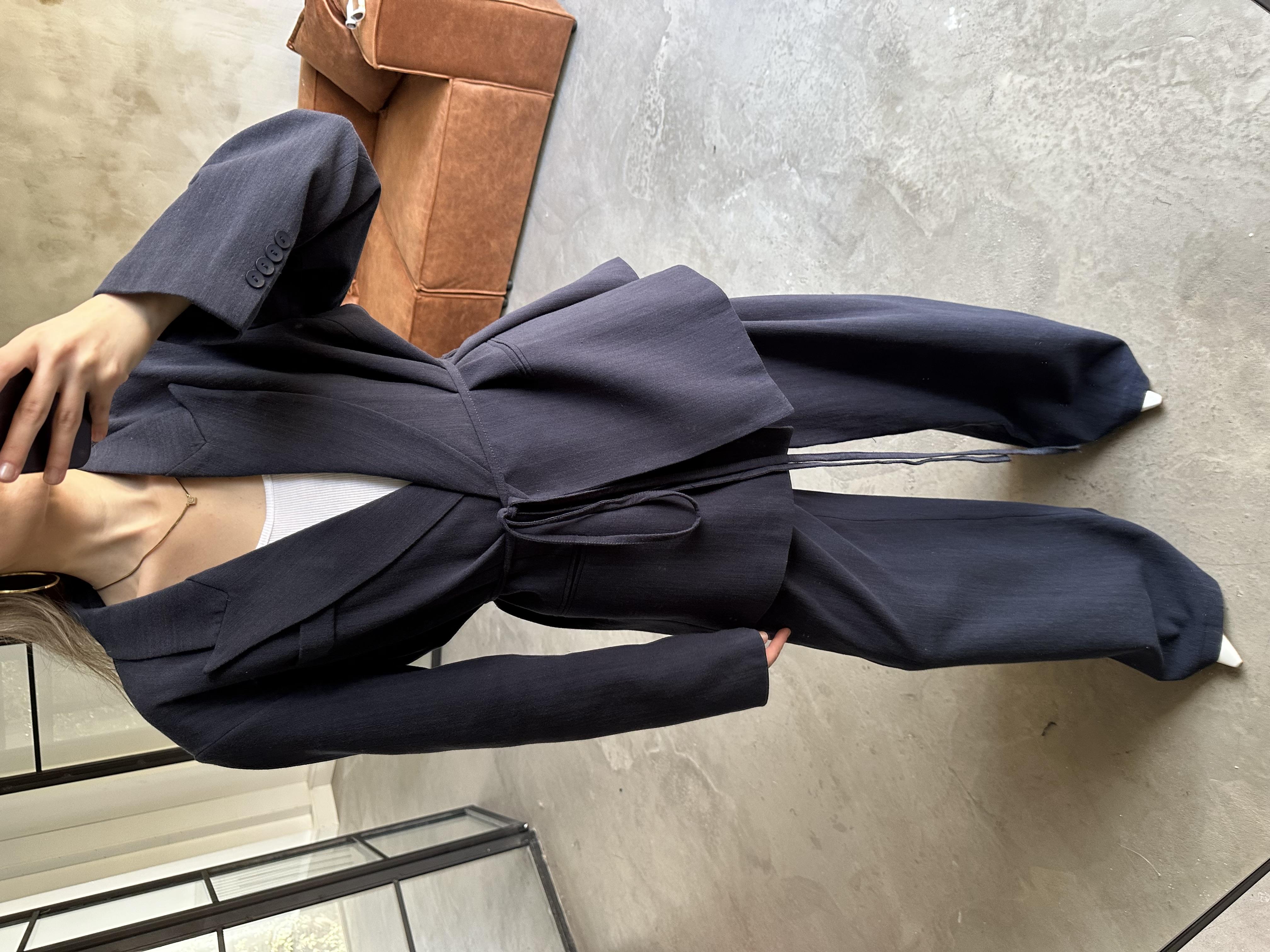 Keten Karşımlı Blazer Ceket Palazzo Pantolon Takım - Lacivert