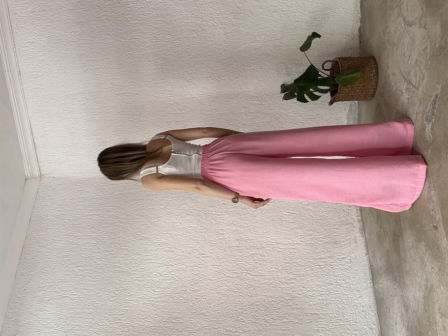 Keten Salaş Kuşaklı Pantolon - Pembe