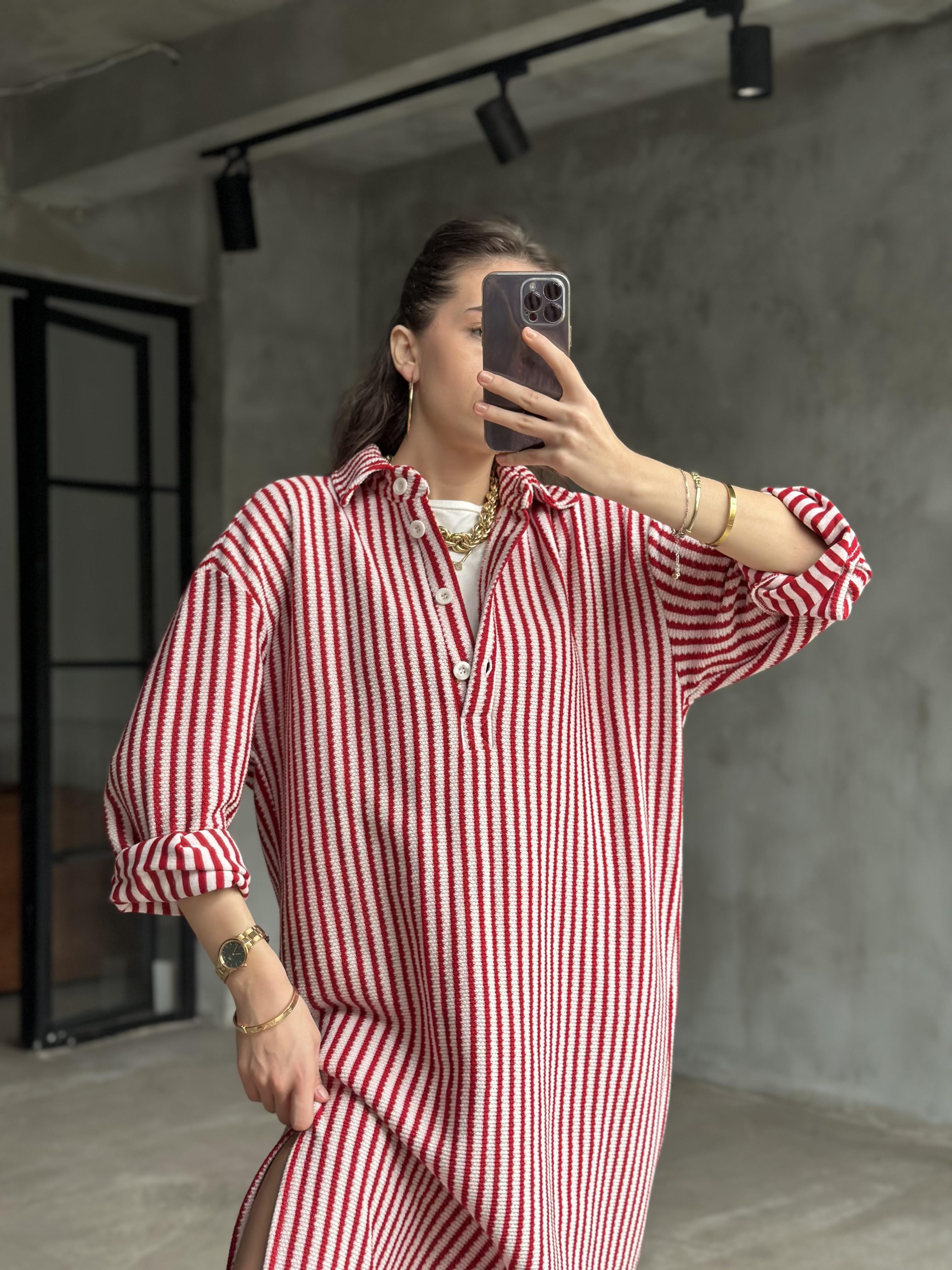 Kırmızı Şeritli Dokuma Yırtmalı Tunik Elbise