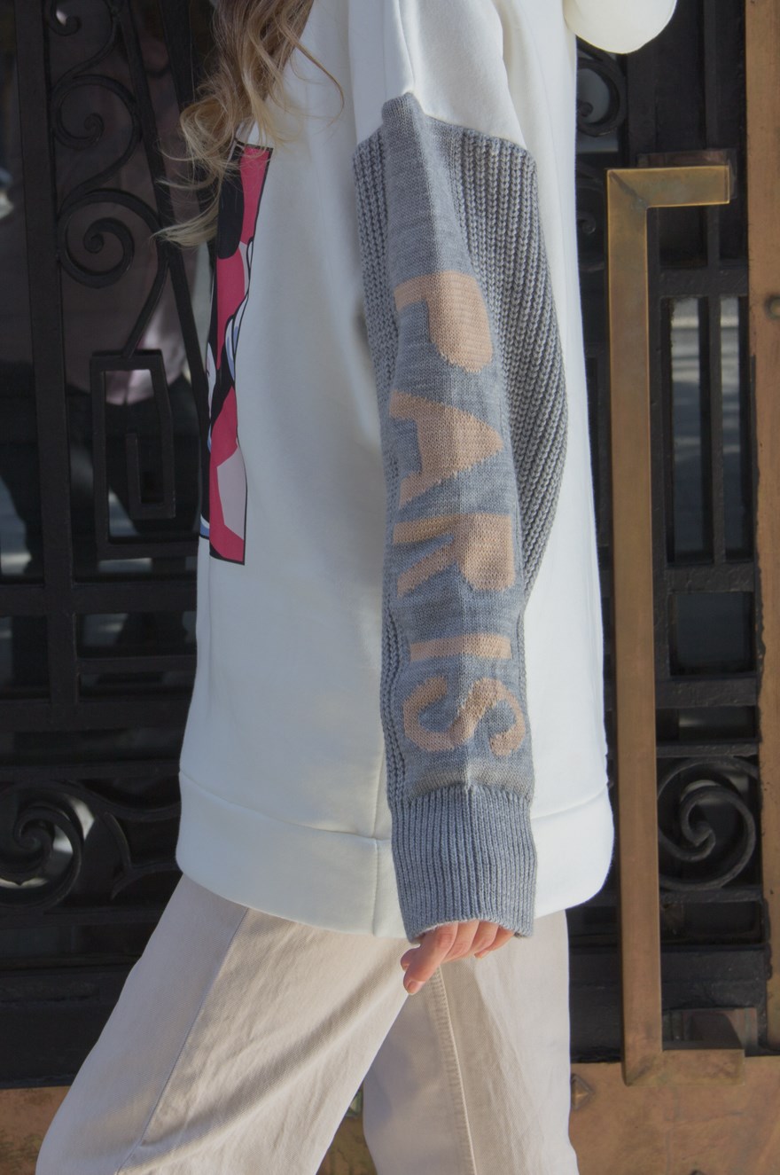 Kolları Örme Baskılı Sweatshirt - Beyaz
