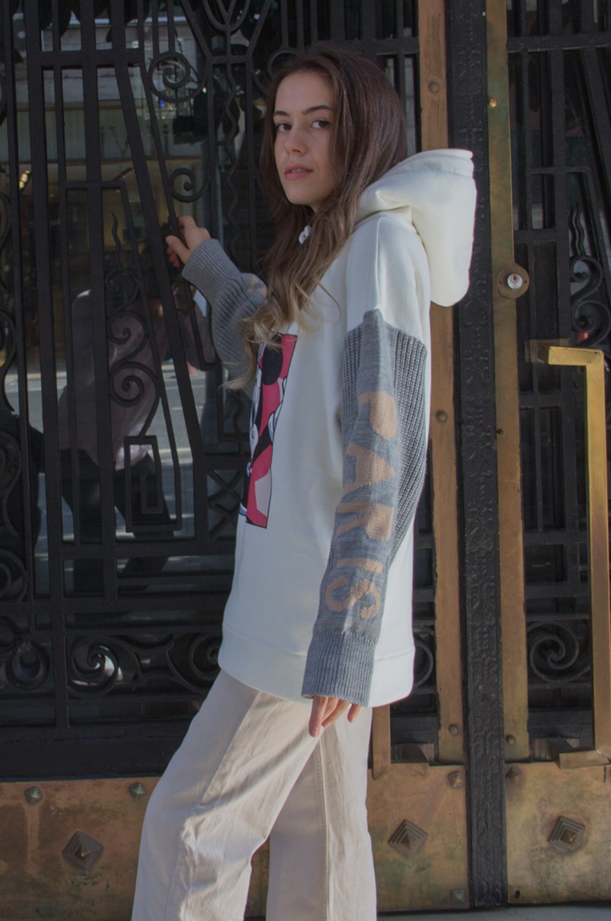 Kolları Örme Baskılı Sweatshirt - Beyaz