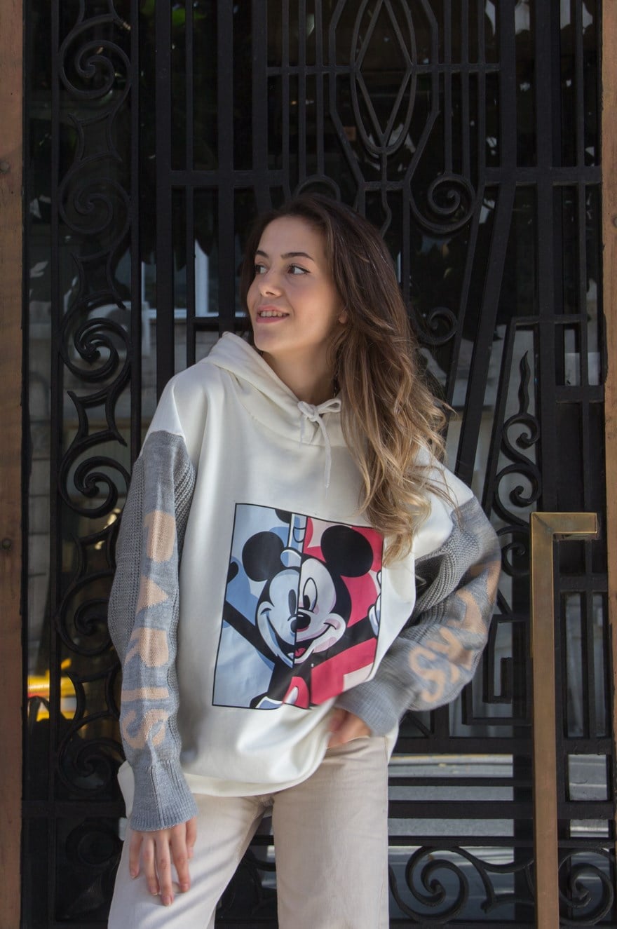 Kolları Örme Baskılı Sweatshirt - Beyaz