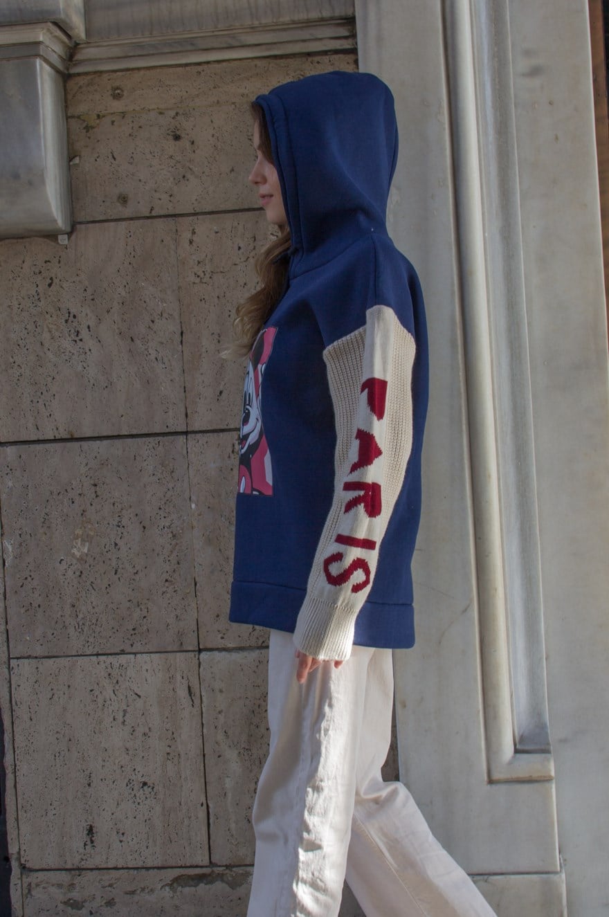 Kolları Örme Baskılı Sweatshirt - Lacivert