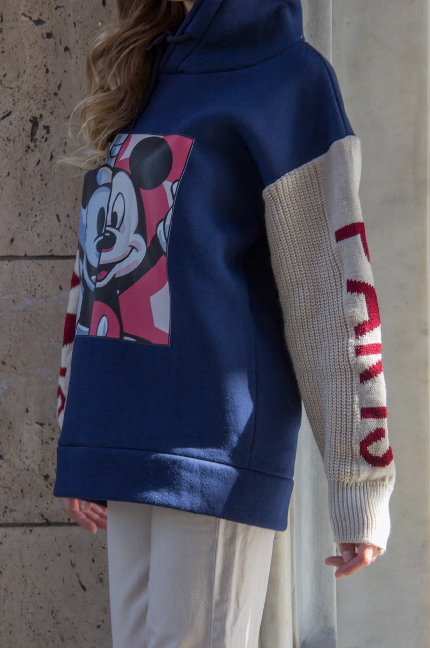 Kolları Örme Baskılı Sweatshirt - Lacivert