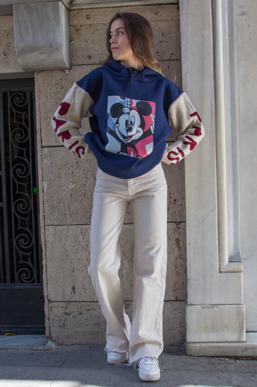 Kolları Örme Baskılı Sweatshirt - Lacivert